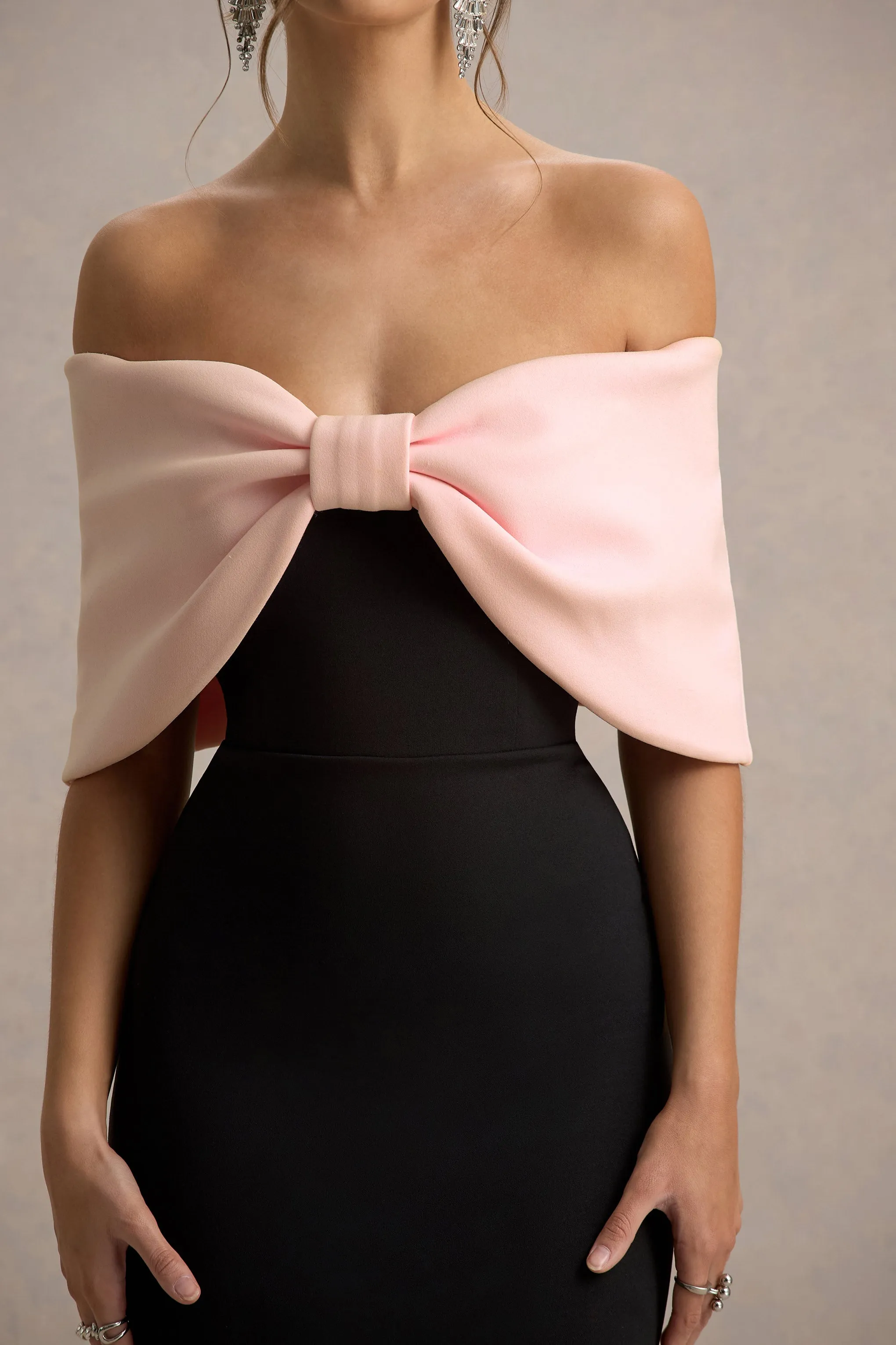 Sadie | Black & Pink Bow Bardot Mini Dress Club L London