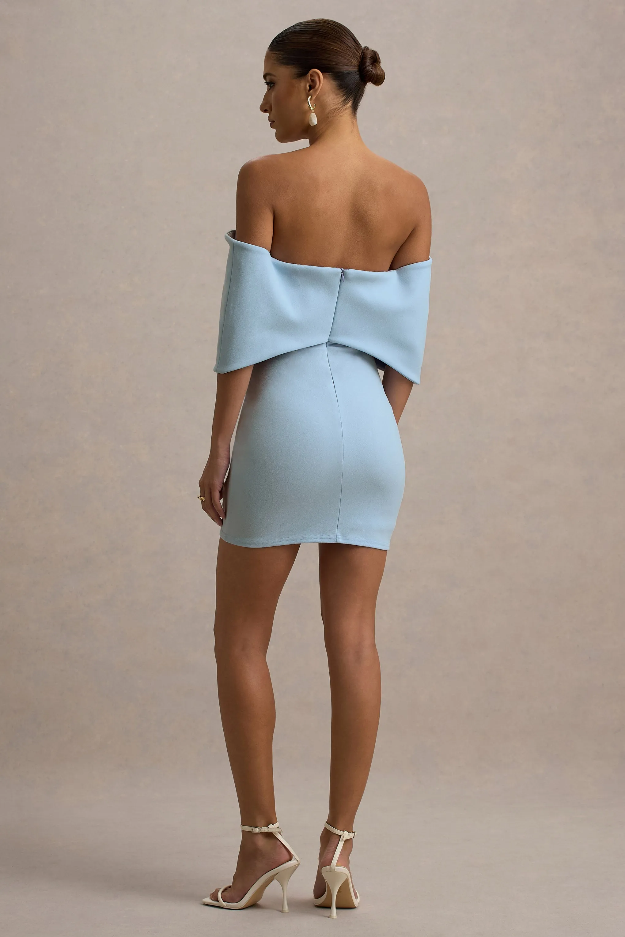 Sadie | Powder Blue Bow Bardot Mini Dress Club L London