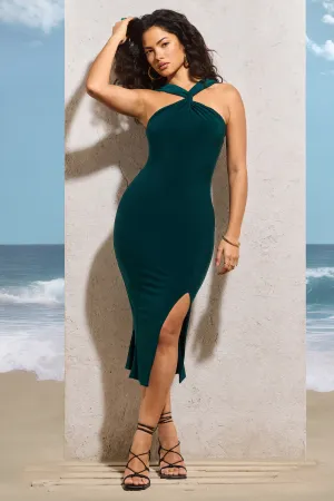 Sadira | Bottle Green Twist-Neck Split Midi Dress Club L London
