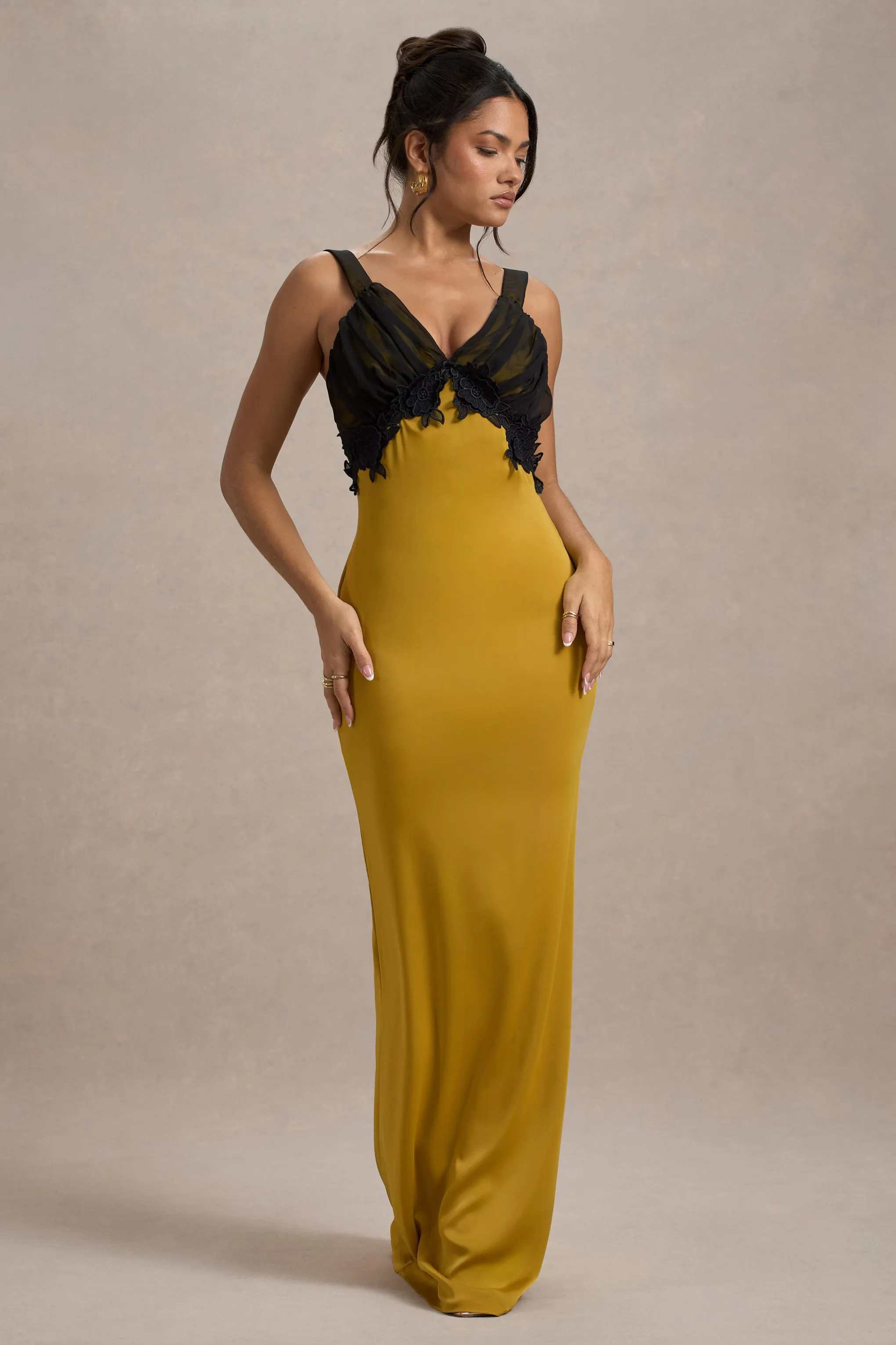 Sahara | Mustard Satin V-Neck Maxi Dress With Black Lace Trim Club L London