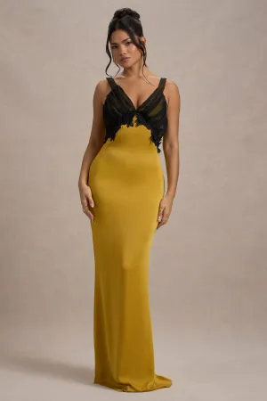 Sahara | Mustard Satin V-Neck Maxi Dress With Black Lace Trim Club L London