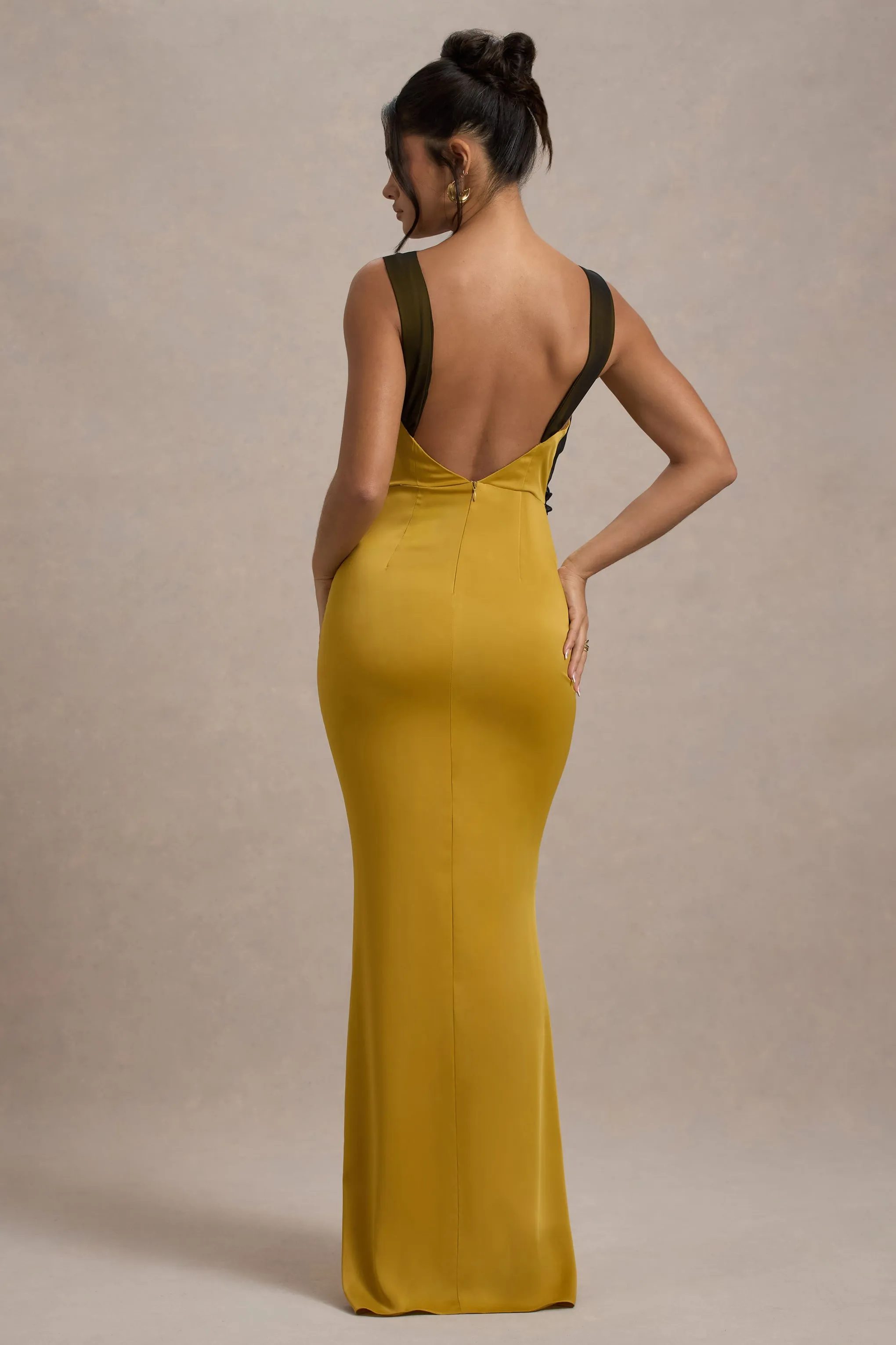 Sahara | Mustard Satin V-Neck Maxi Dress With Black Lace Trim Club L London