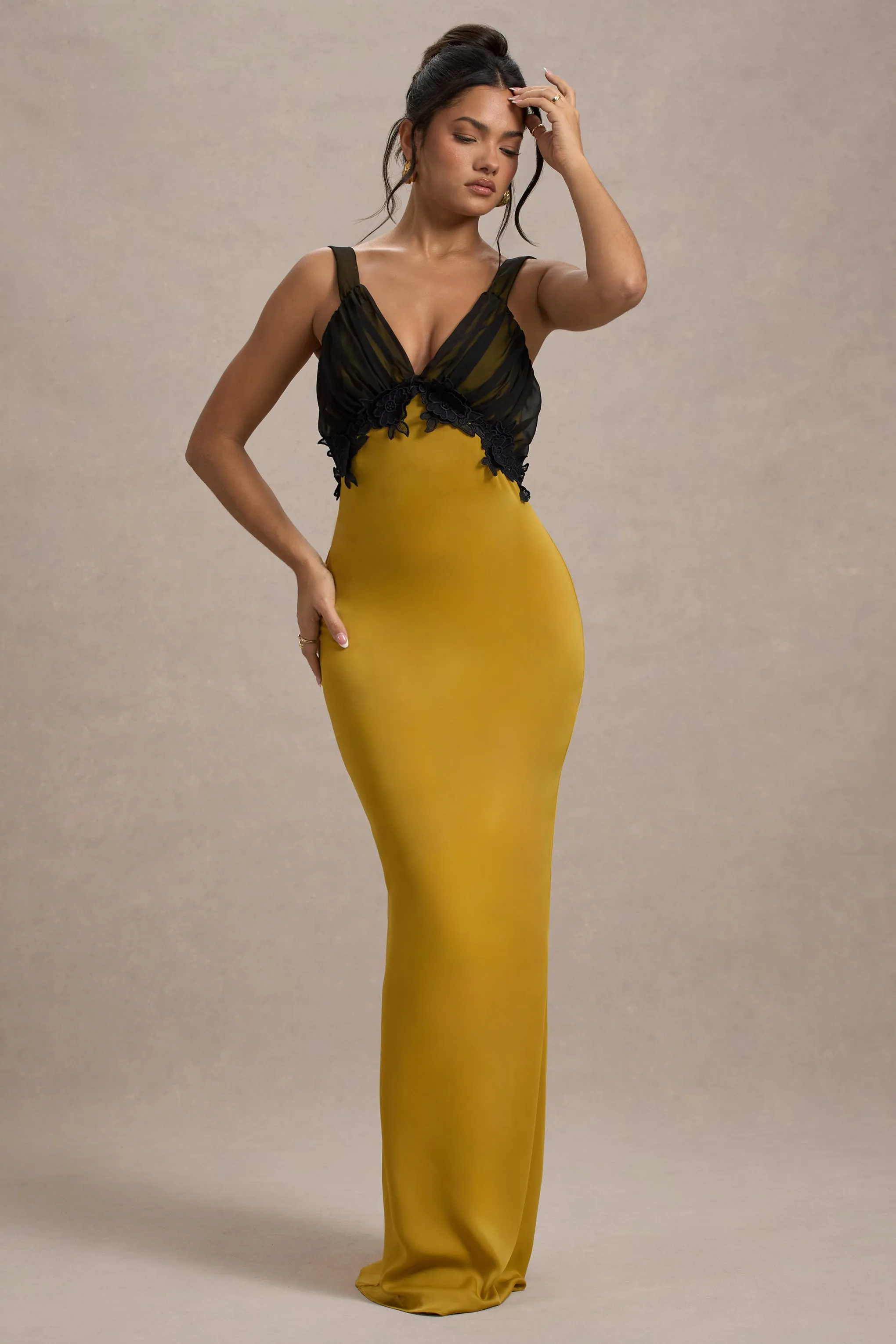 Sahara | Mustard Satin V-Neck Maxi Dress With Black Lace Trim Club L London