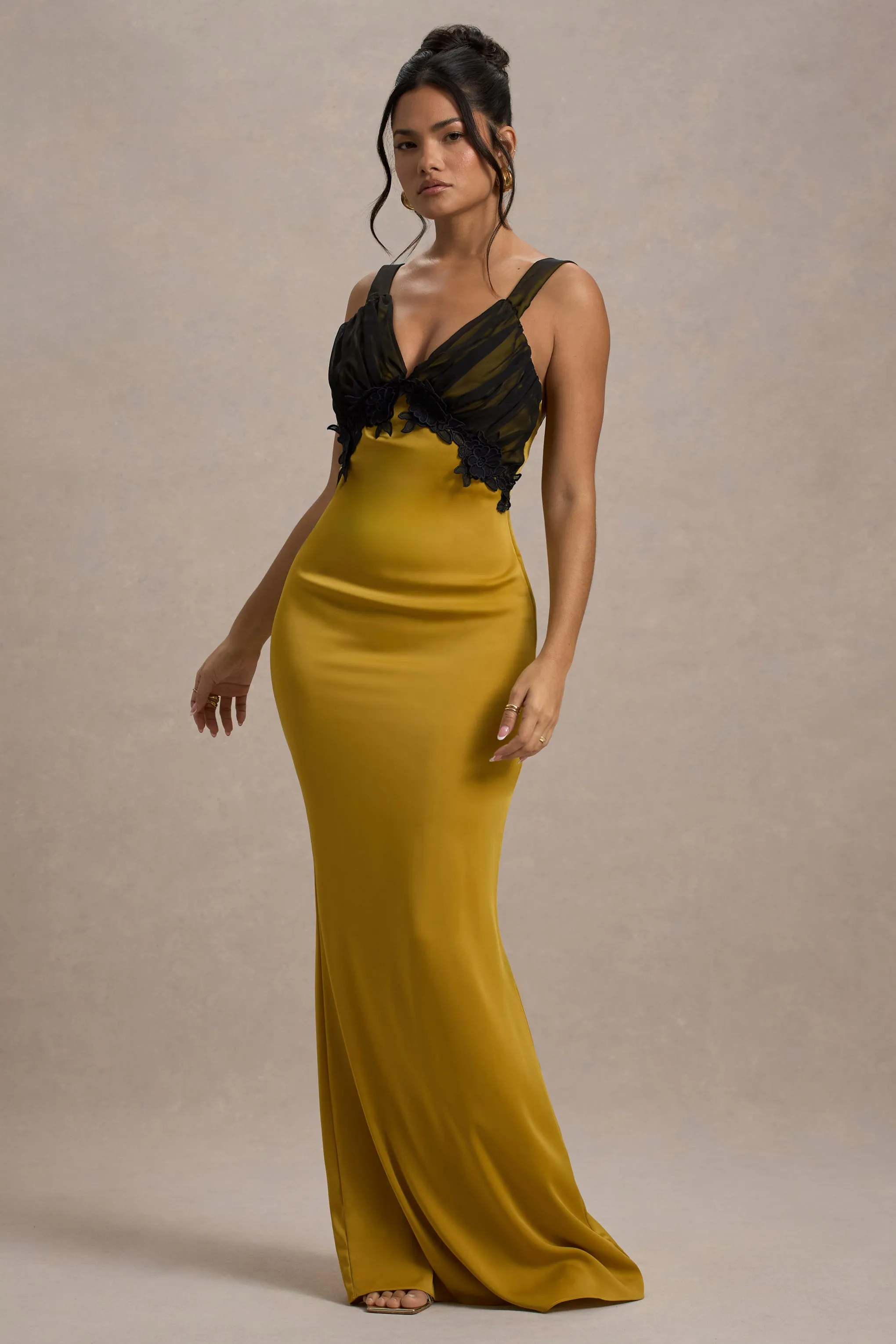 Sahara | Mustard Satin V-Neck Maxi Dress With Black Lace Trim Club L London