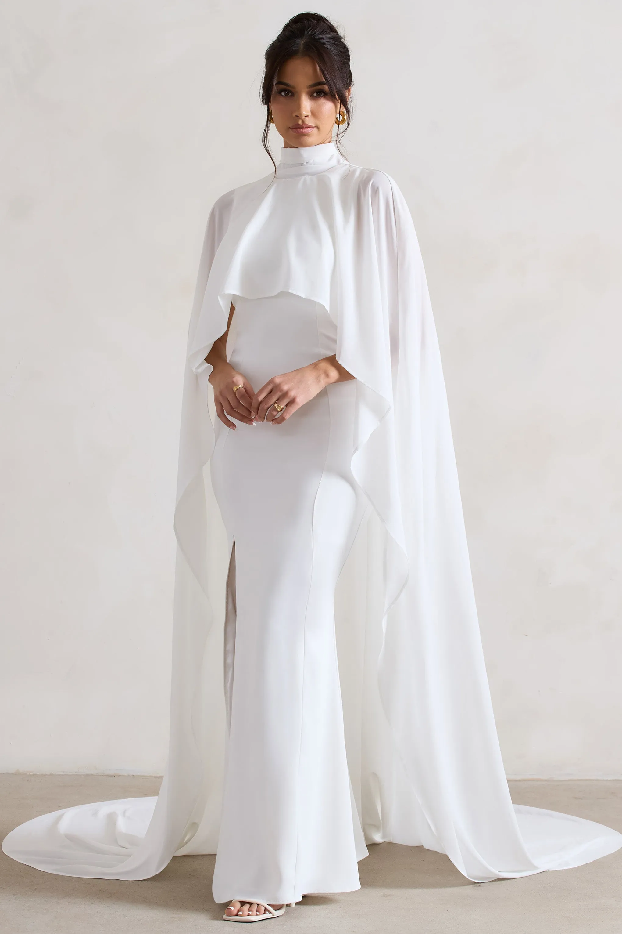 Saint | Cream Fishtail Split Maxi Dress With Chiffon Cape Club L London