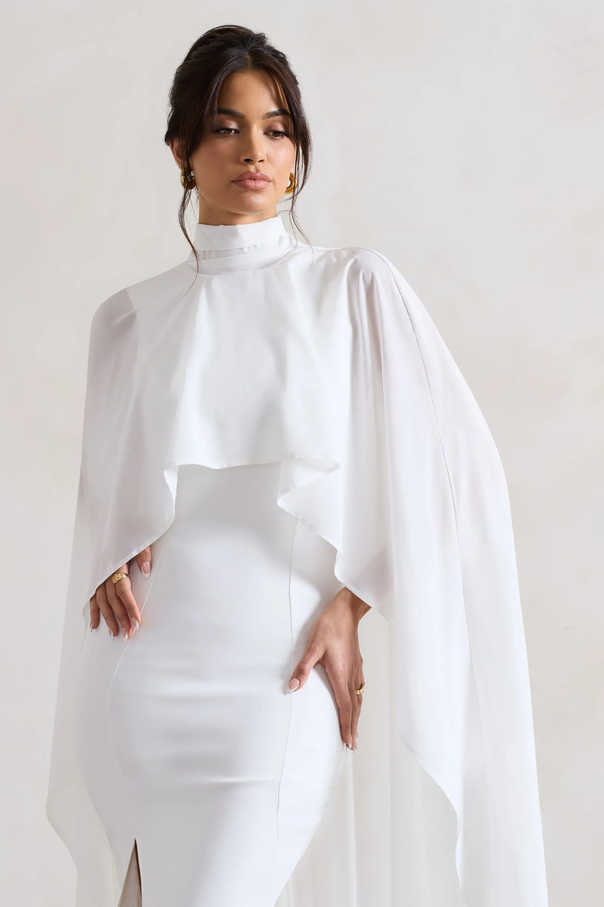 Saint | Cream Fishtail Split Maxi Dress With Chiffon Cape Club L London