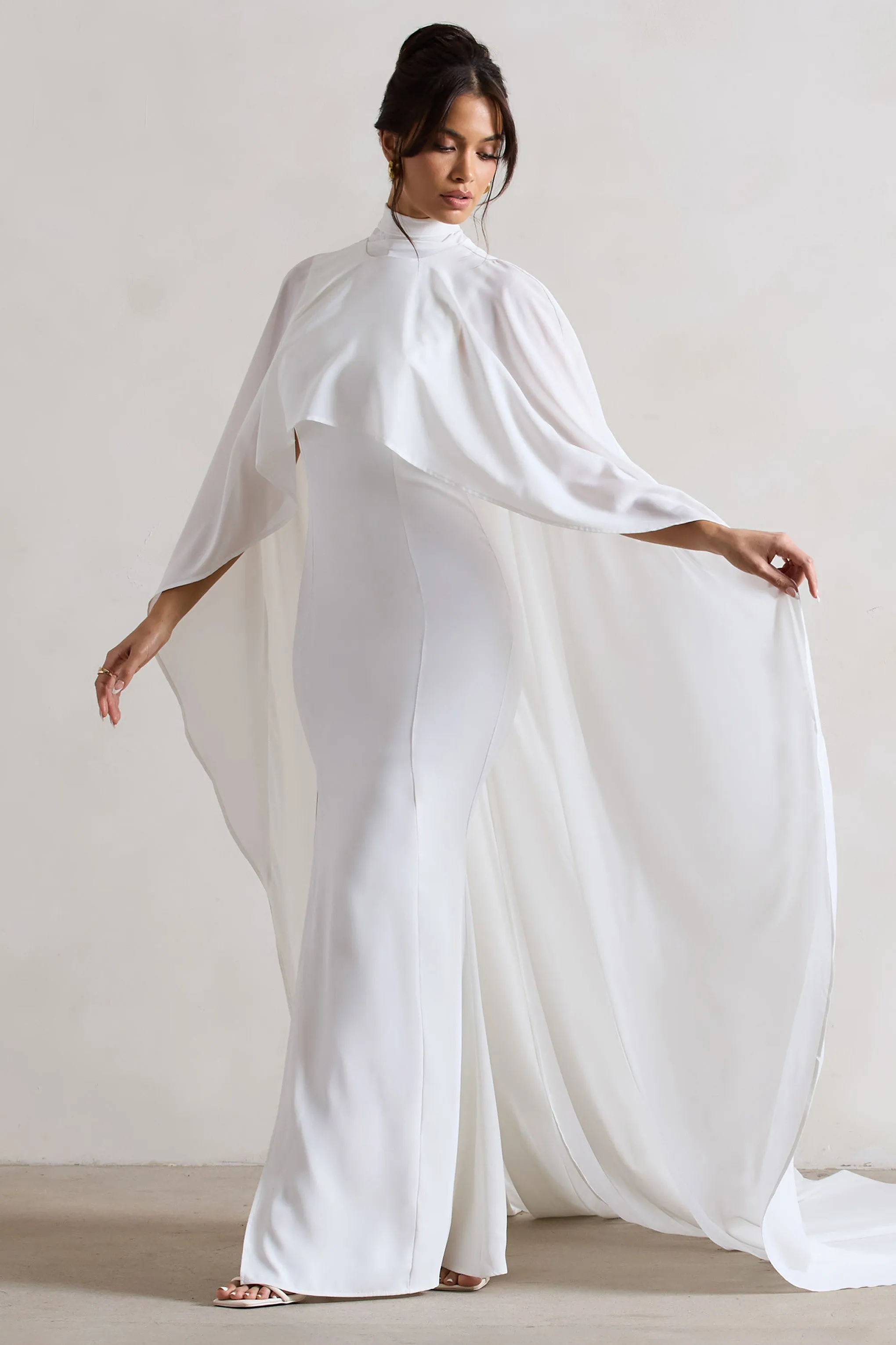 Saint | Cream Fishtail Split Maxi Dress With Chiffon Cape Club L London