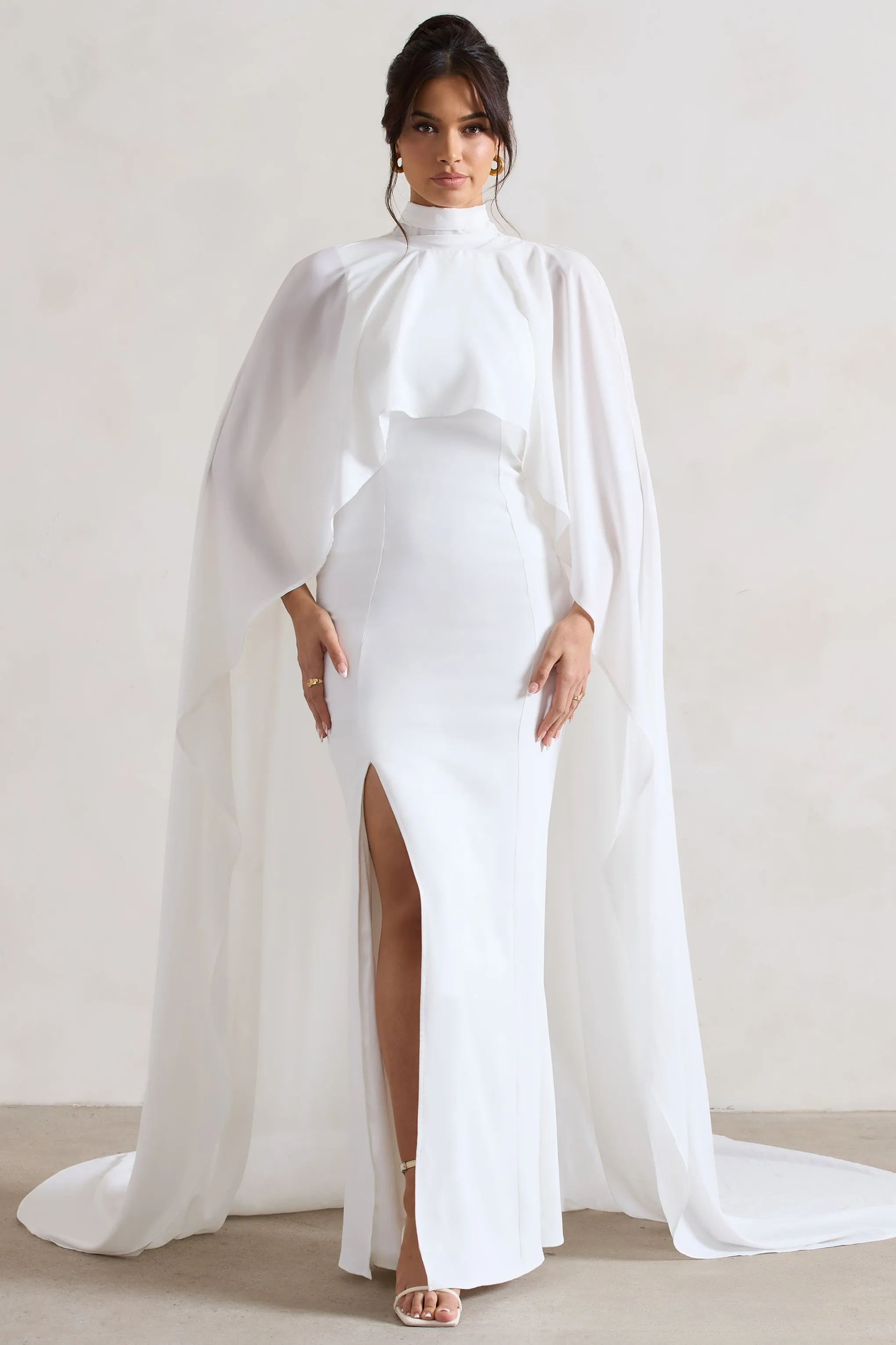 Saint | Cream Fishtail Split Maxi Dress With Chiffon Cape Club L London