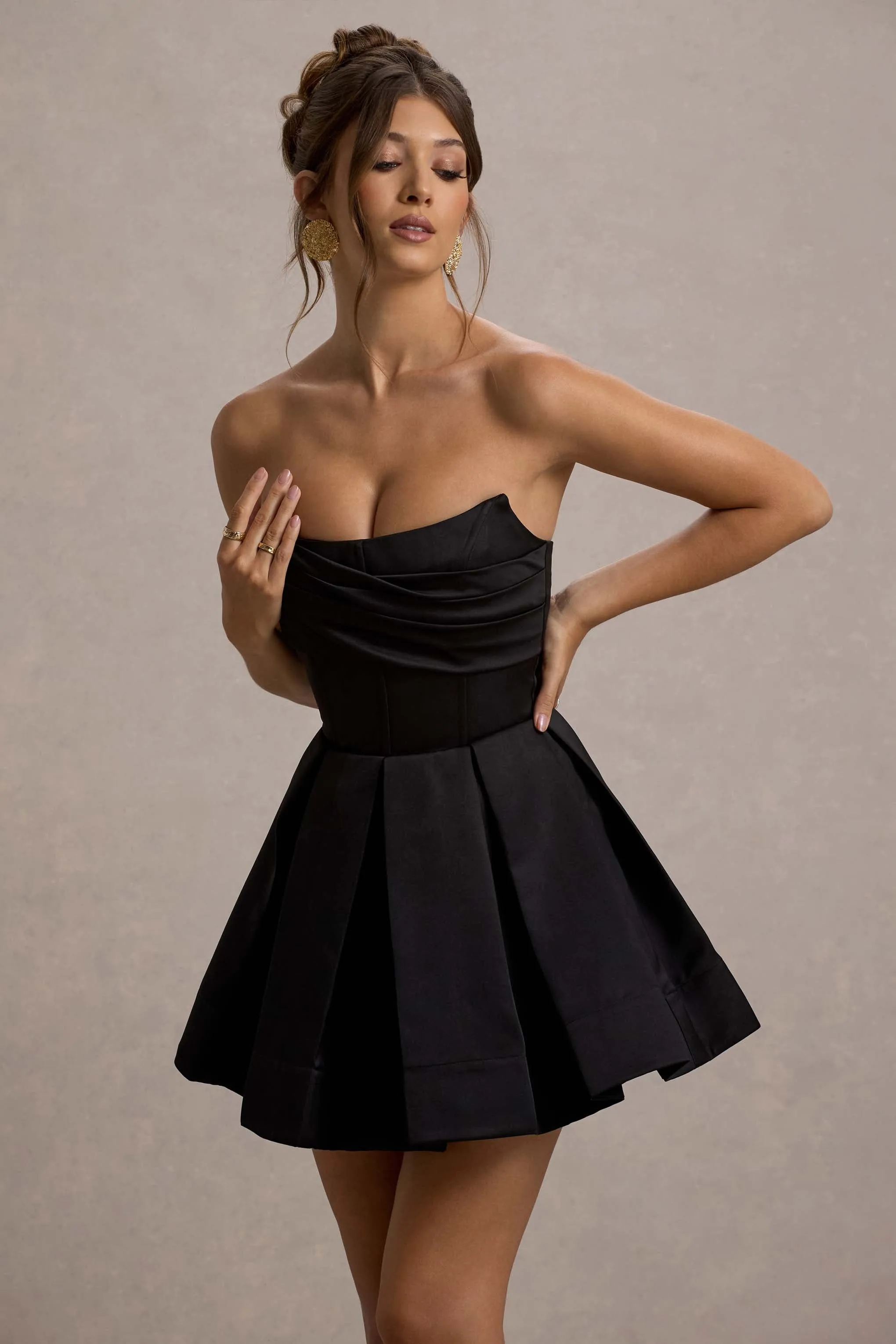 Saira | Black Satin Strapless Skater Mini Dress Club L London