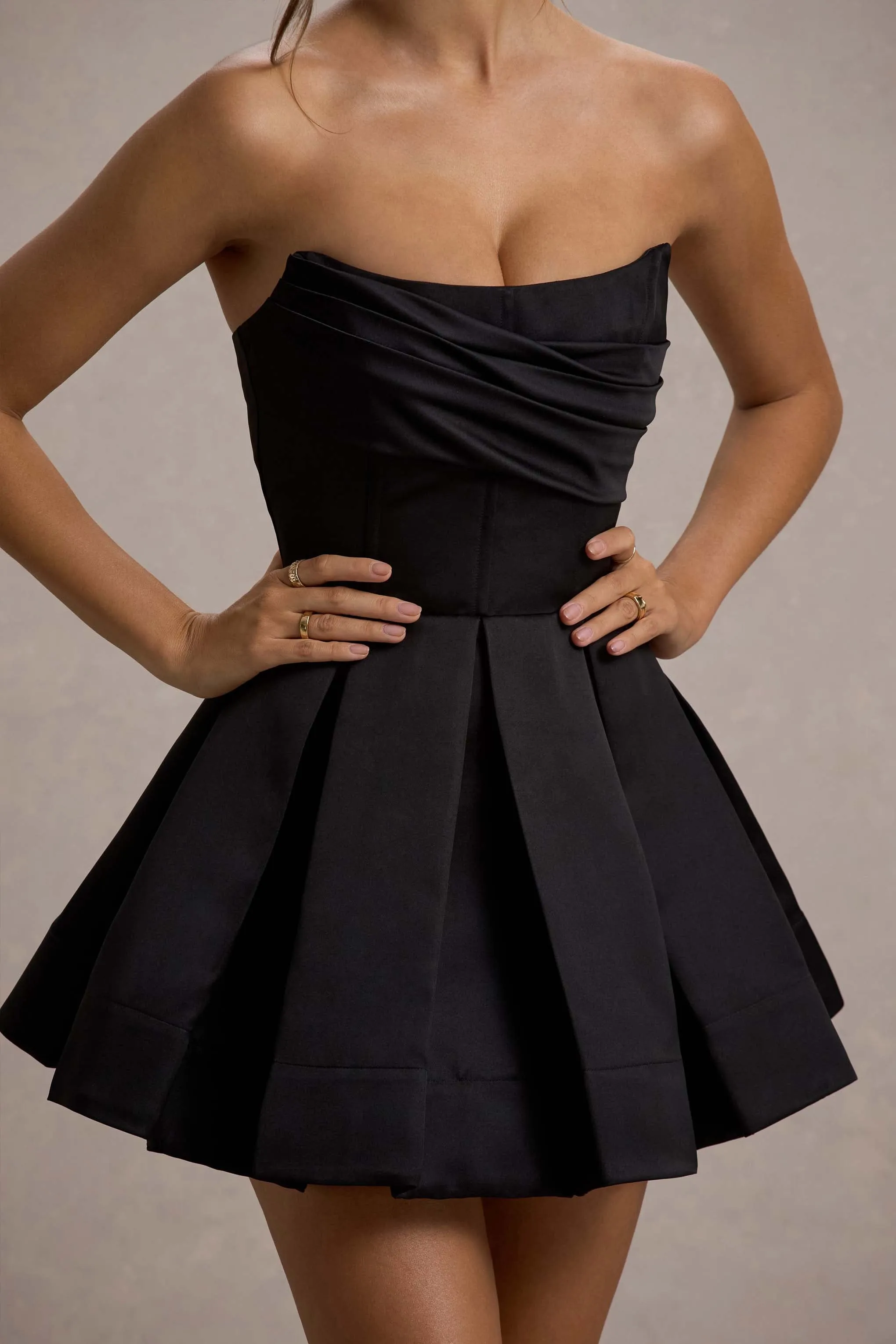 Saira | Black Satin Strapless Skater Mini Dress Club L London