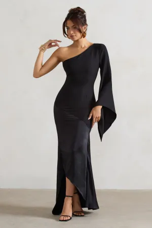 Salem | Black Asymmetric Cape-Sleeve Maxi Dress With Satin Skirt Club L London