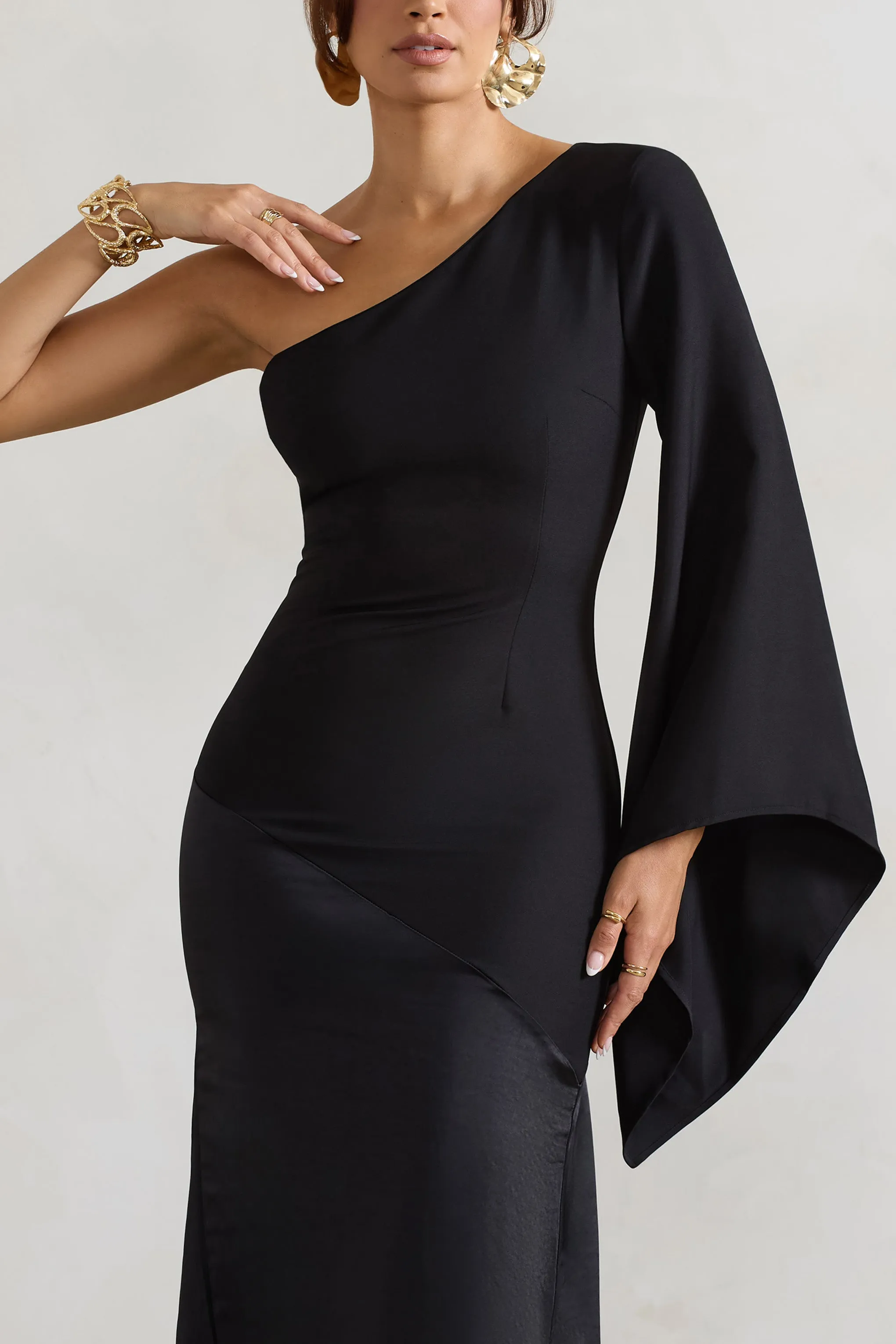 Salem | Black Asymmetric Cape-Sleeve Maxi Dress With Satin Skirt Club L London