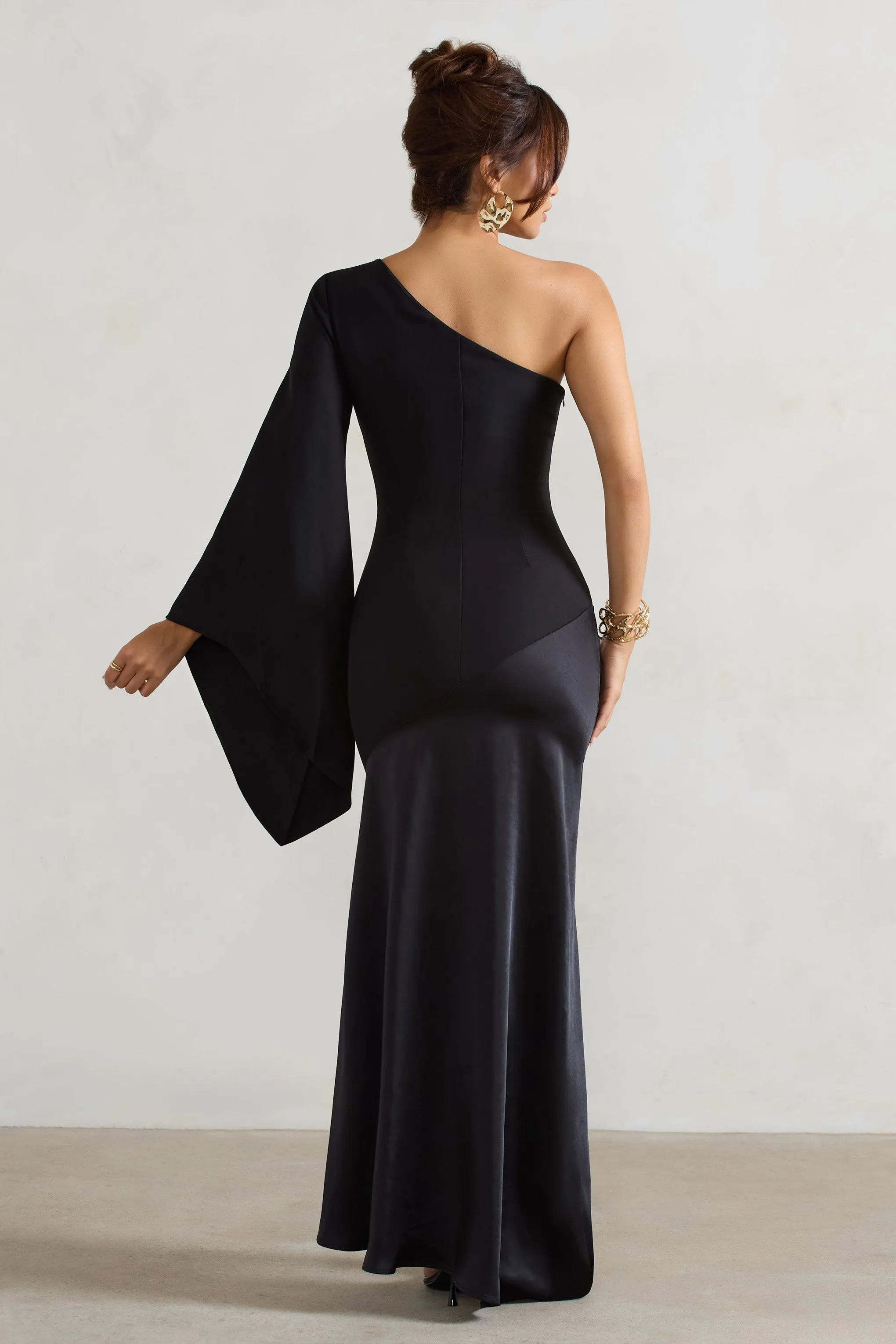 Salem | Black Asymmetric Cape-Sleeve Maxi Dress With Satin Skirt Club L London