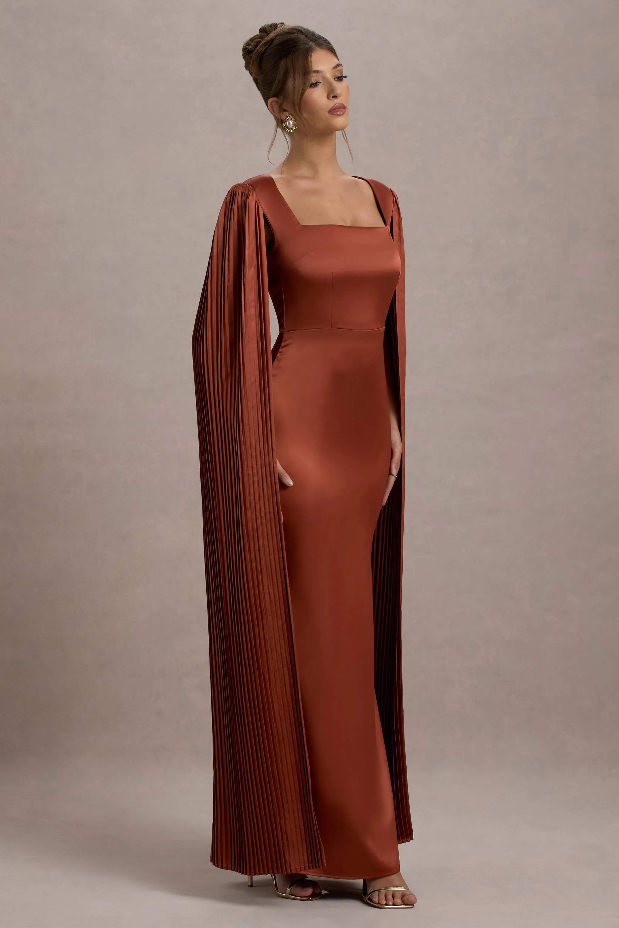 Saloma | Rust Satin Square-Neck Maxi Dress With Cape Sleeves Club L London