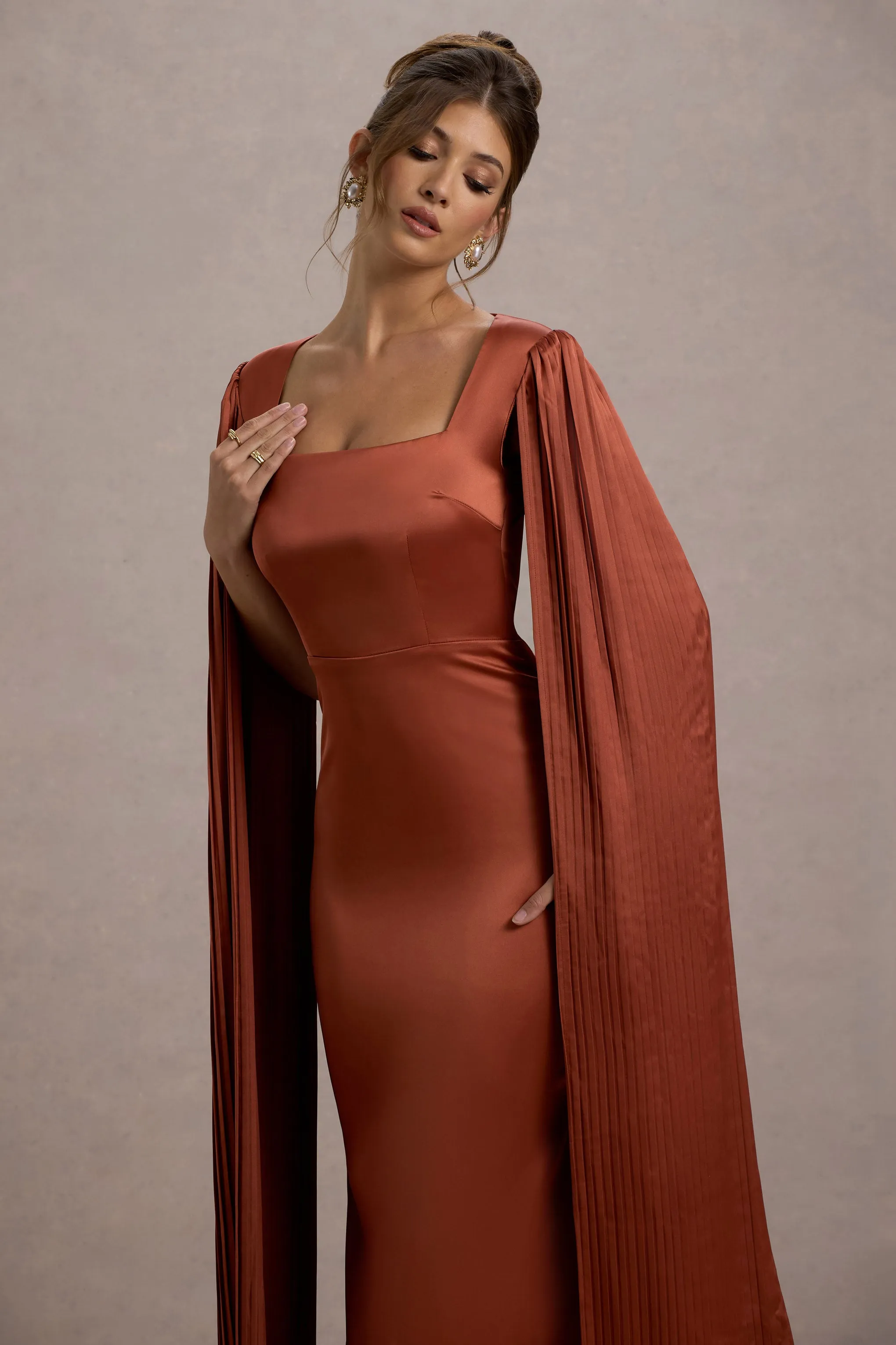 Saloma | Rust Satin Square-Neck Maxi Dress With Cape Sleeves Club L London