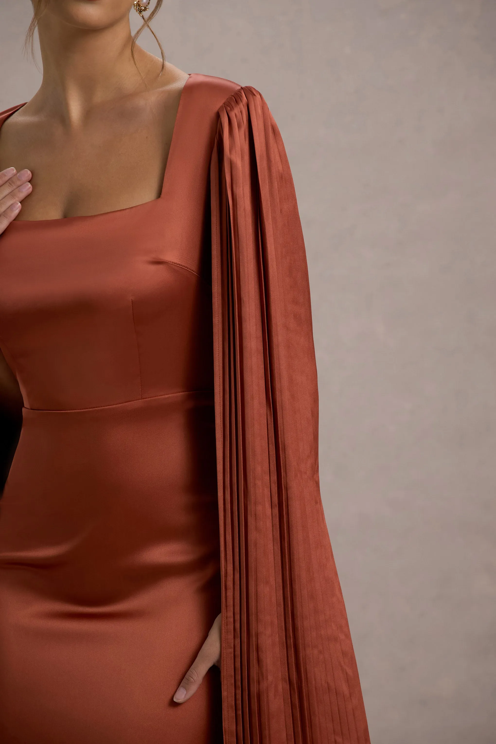 Saloma | Rust Satin Square-Neck Maxi Dress With Cape Sleeves Club L London