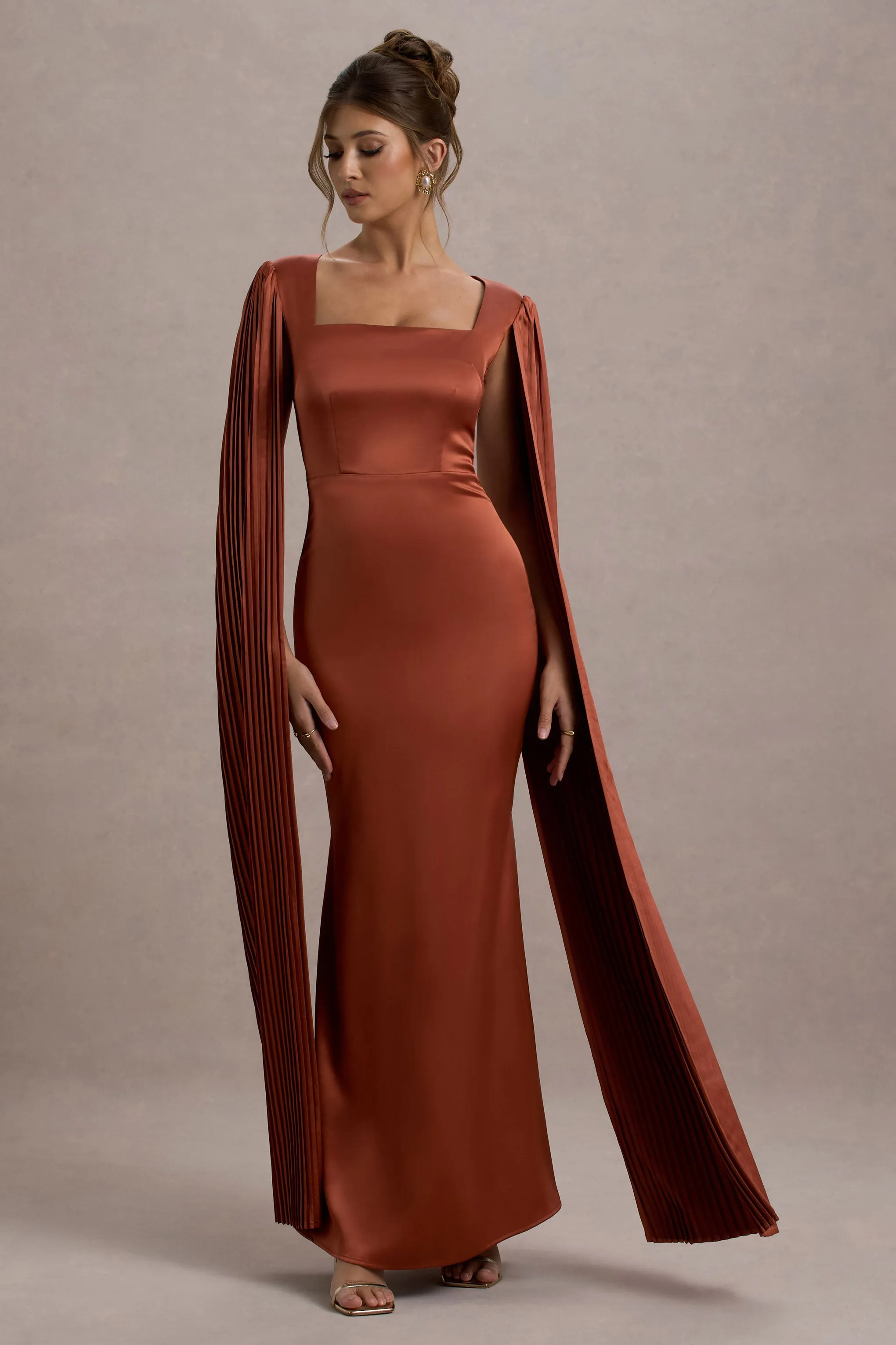 Saloma | Rust Satin Square-Neck Maxi Dress With Cape Sleeves Club L London
