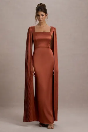 Saloma | Rust Satin Square-Neck Maxi Dress With Cape Sleeves Club L London