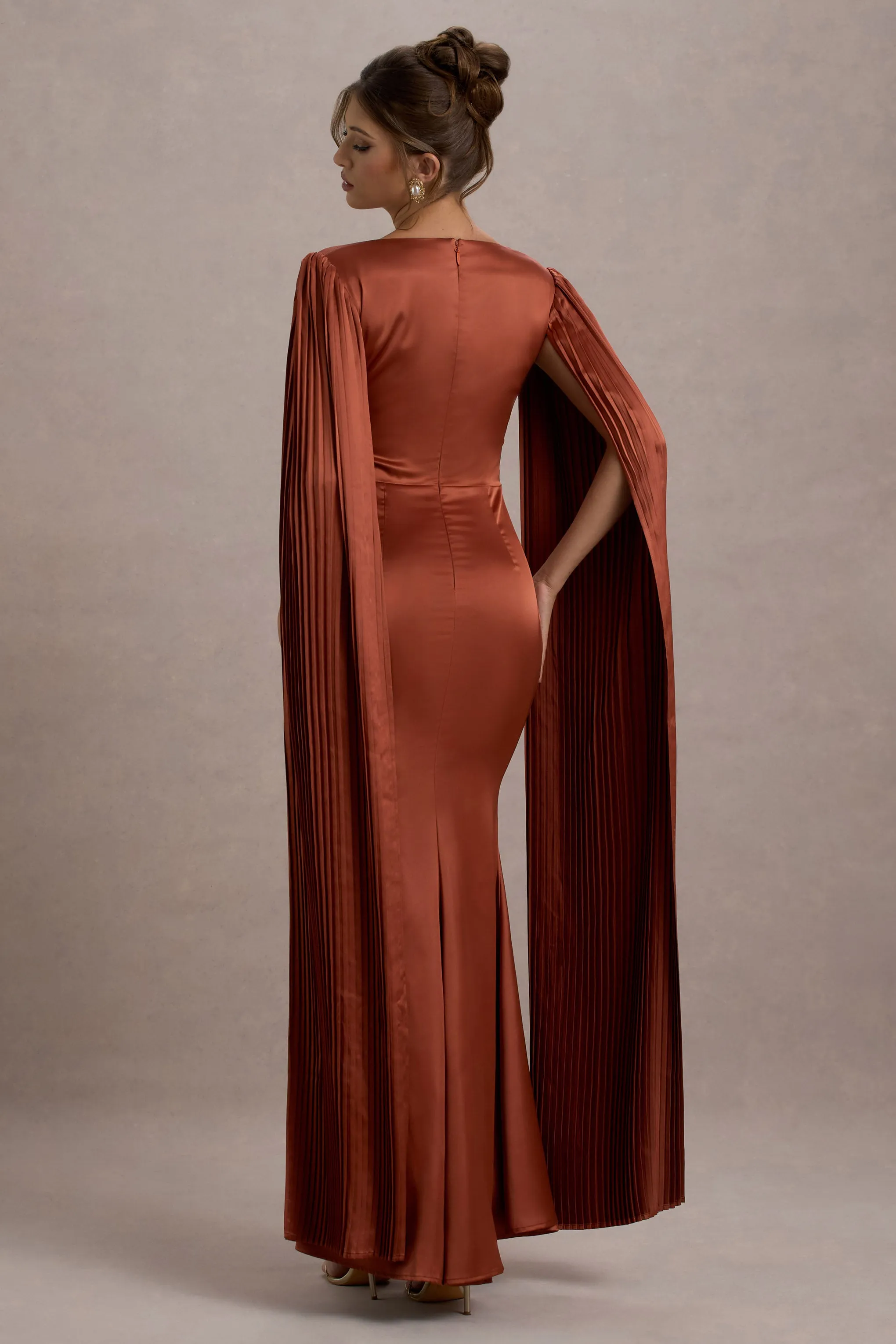 Saloma | Rust Satin Square-Neck Maxi Dress With Cape Sleeves Club L London