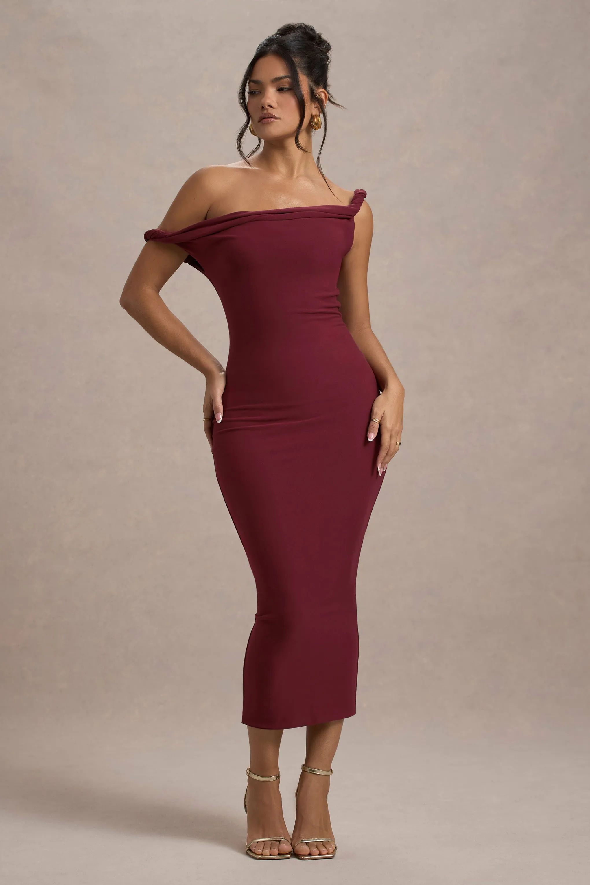 Salome | Berry Twisted Asymmetric Midi Dress Club L London