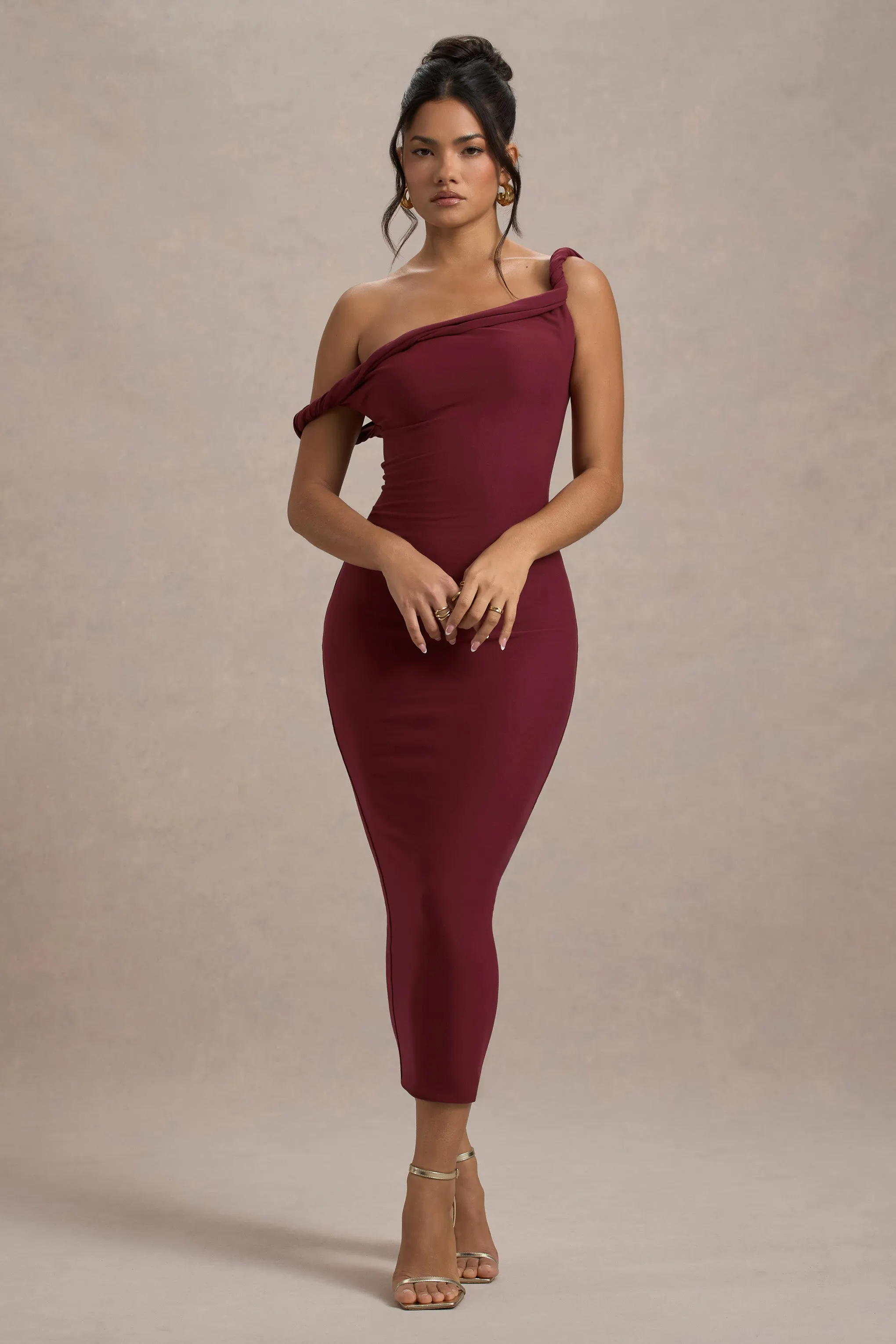 Salome | Berry Twisted Asymmetric Midi Dress Club L London