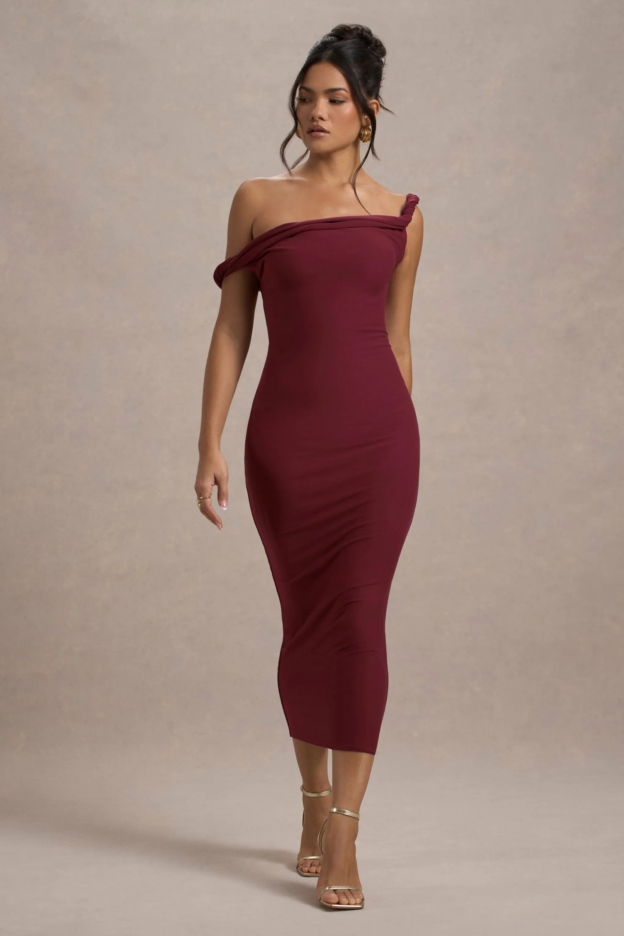 Salome | Berry Twisted Asymmetric Midi Dress Club L London