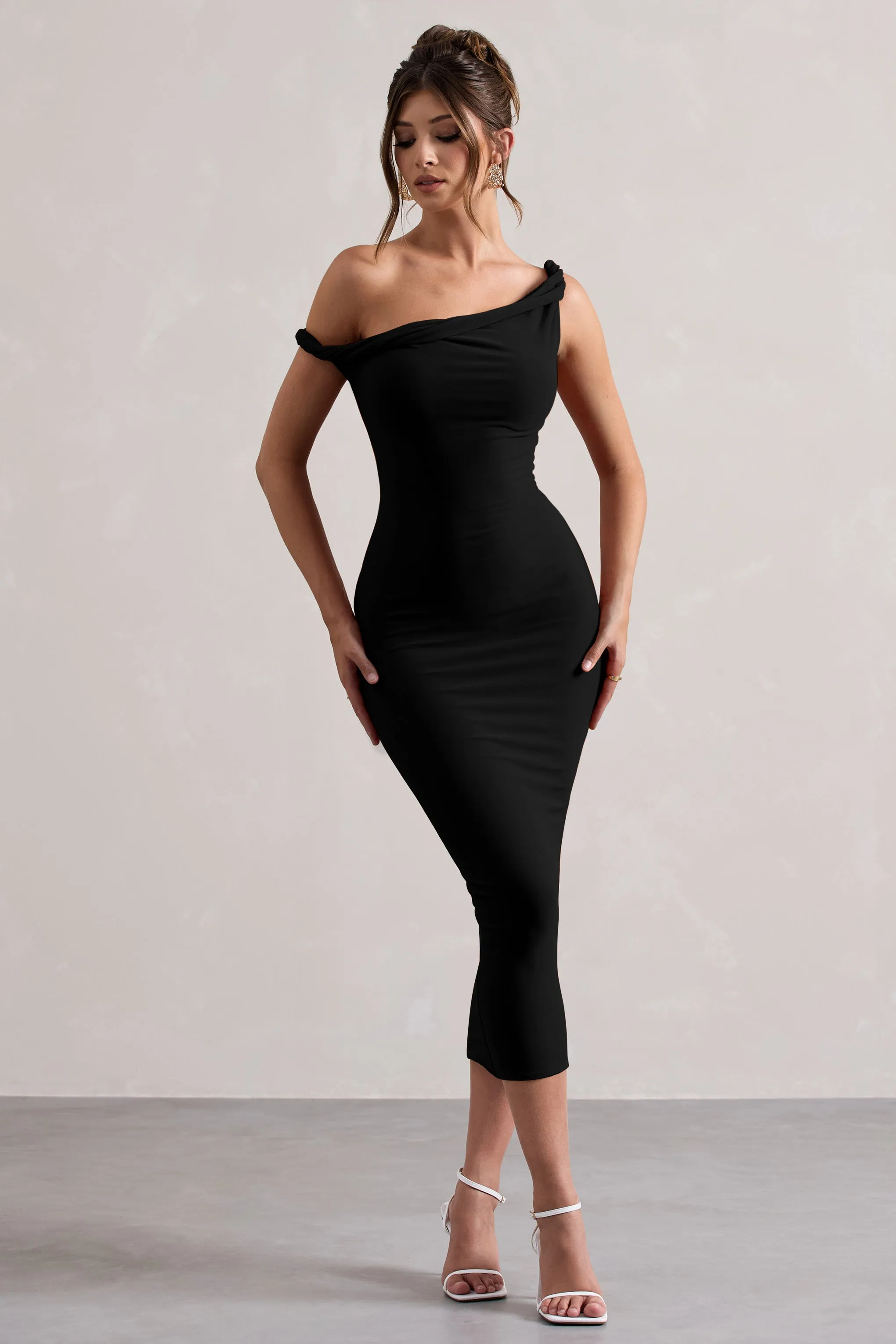 Salome | Black Twisted Asymmetric Midi Dress Club L London