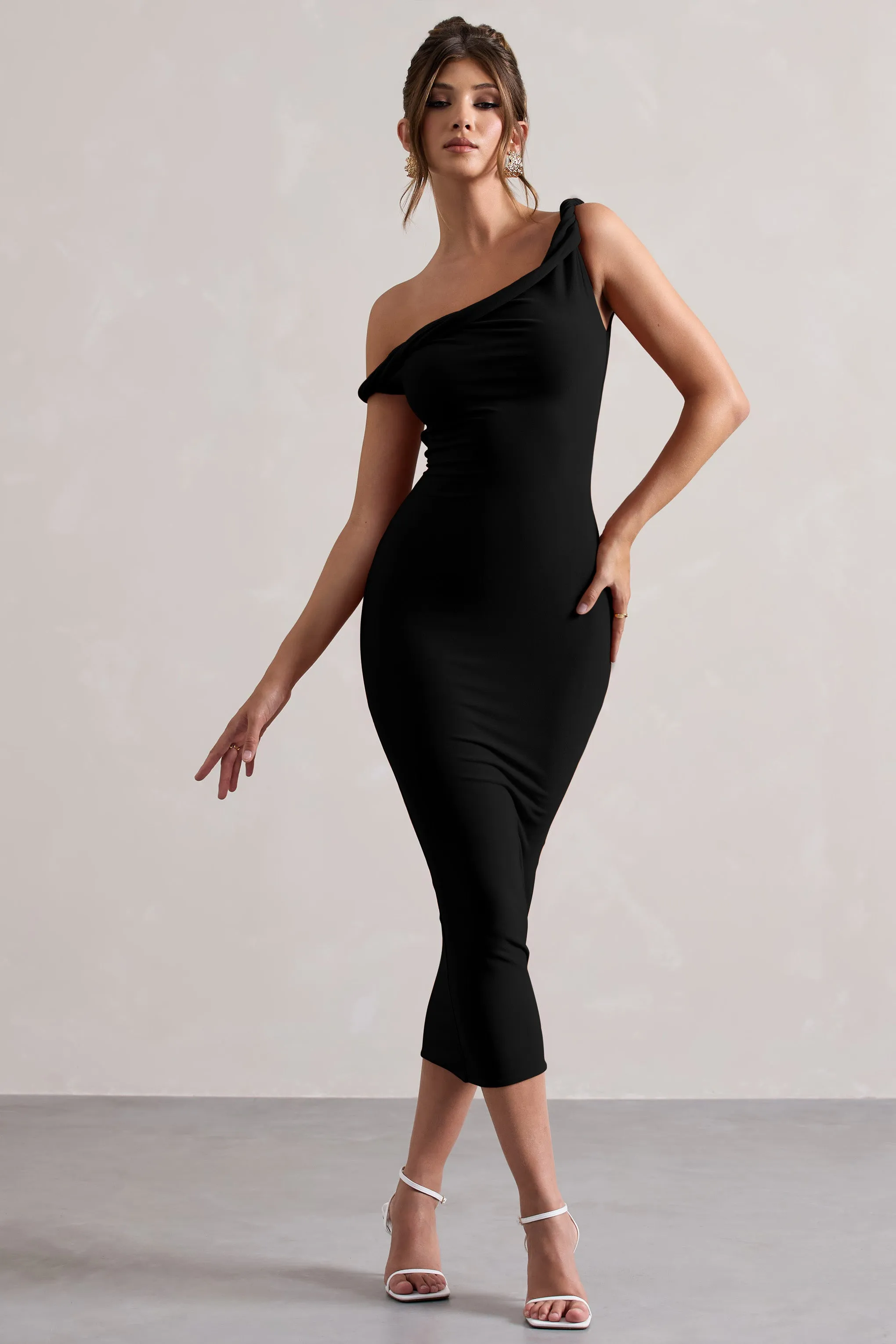 Salome | Black Twisted Asymmetric Midi Dress Club L London