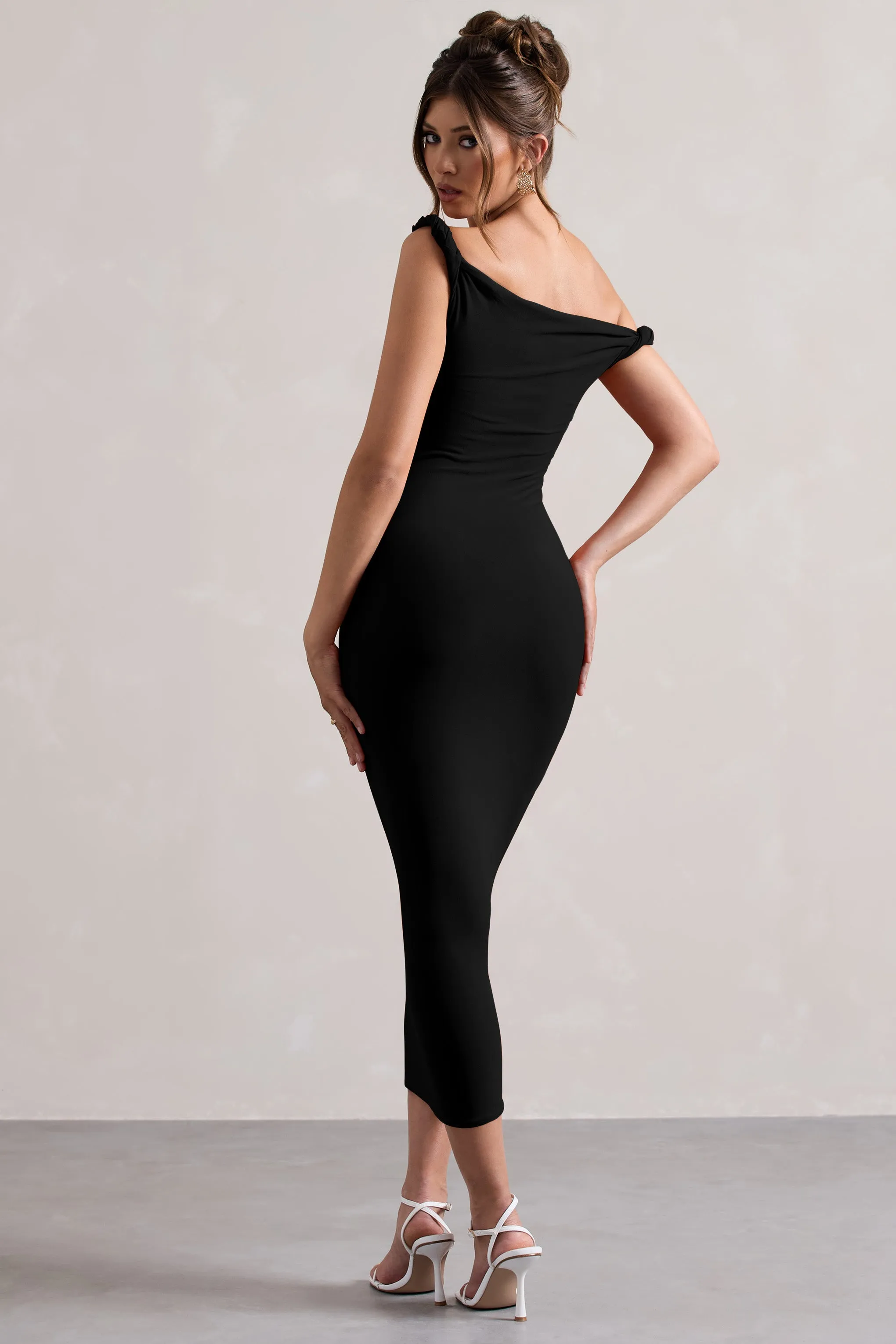 Salome | Black Twisted Asymmetric Midi Dress Club L London