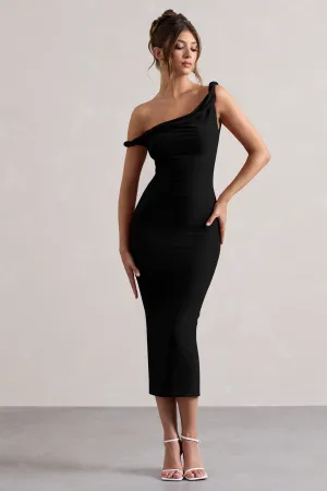 Salome | Black Twisted Asymmetric Midi Dress Club L London