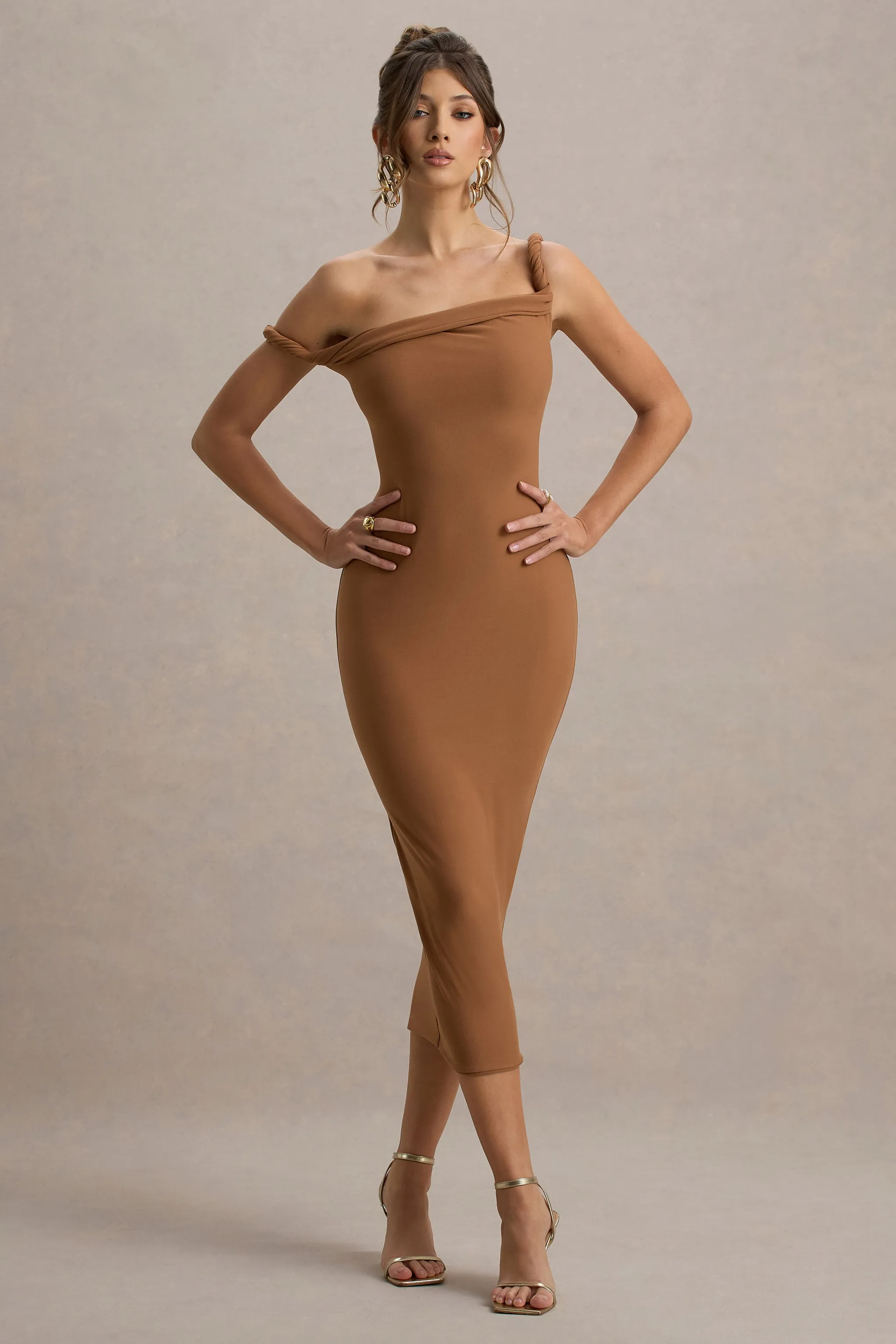 Salome | Brown Twisted Asymmetric Midi Dress Club L London