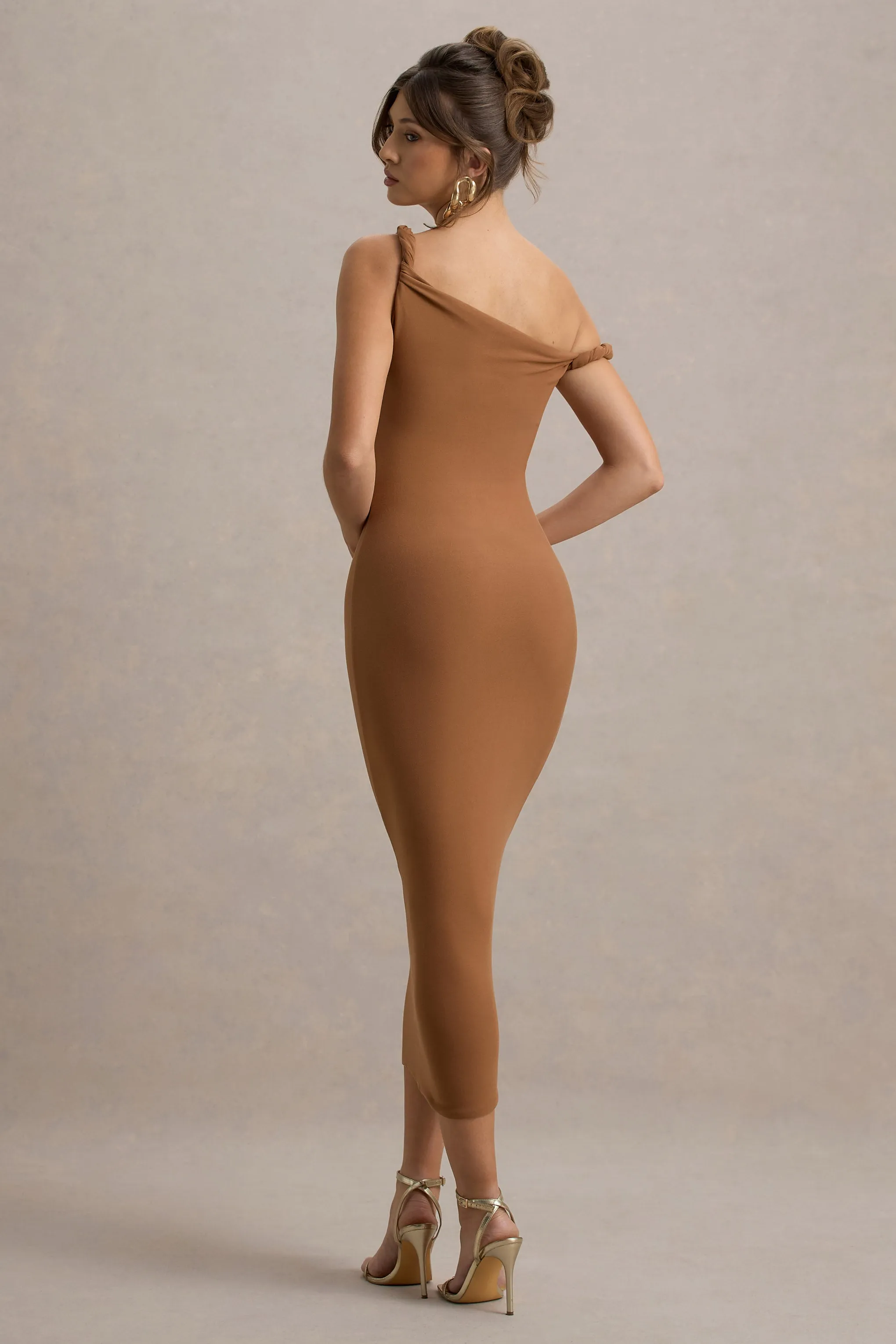 Salome | Brown Twisted Asymmetric Midi Dress Club L London