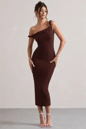 Salome | Chocolate Brown Twisted Asymmetric Midi Dress Club L London