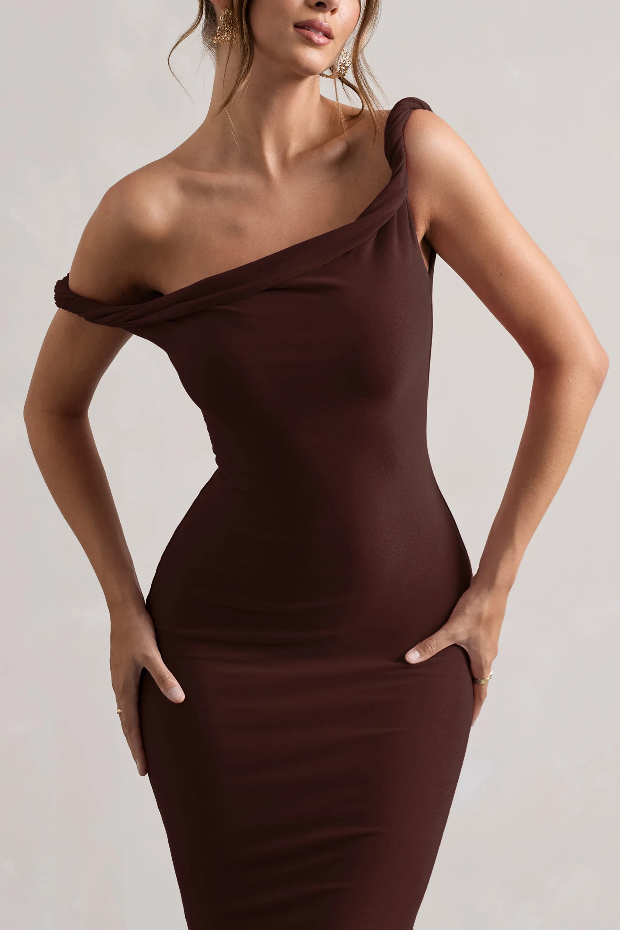 Salome | Chocolate Brown Twisted Asymmetric Midi Dress Club L London