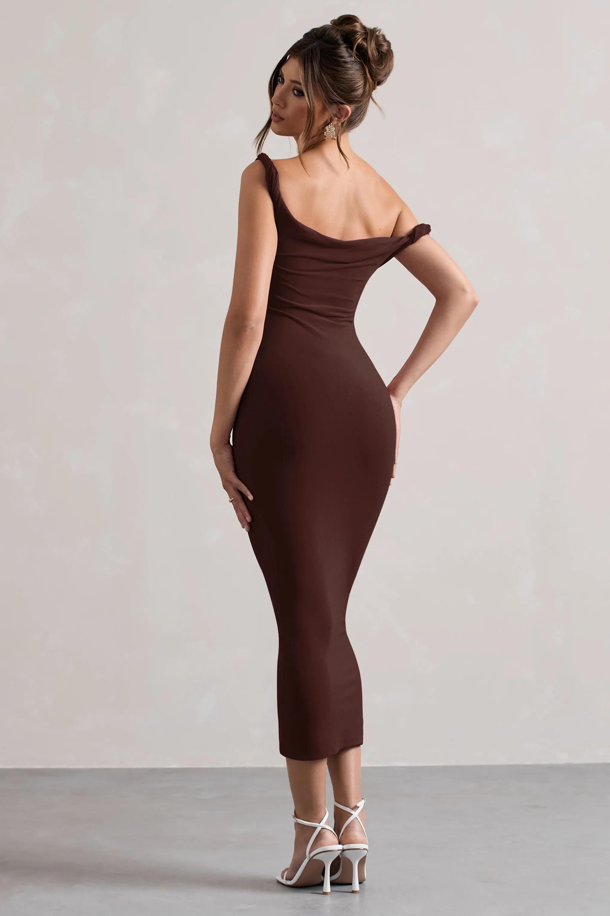 Salome | Chocolate Brown Twisted Asymmetric Midi Dress Club L London