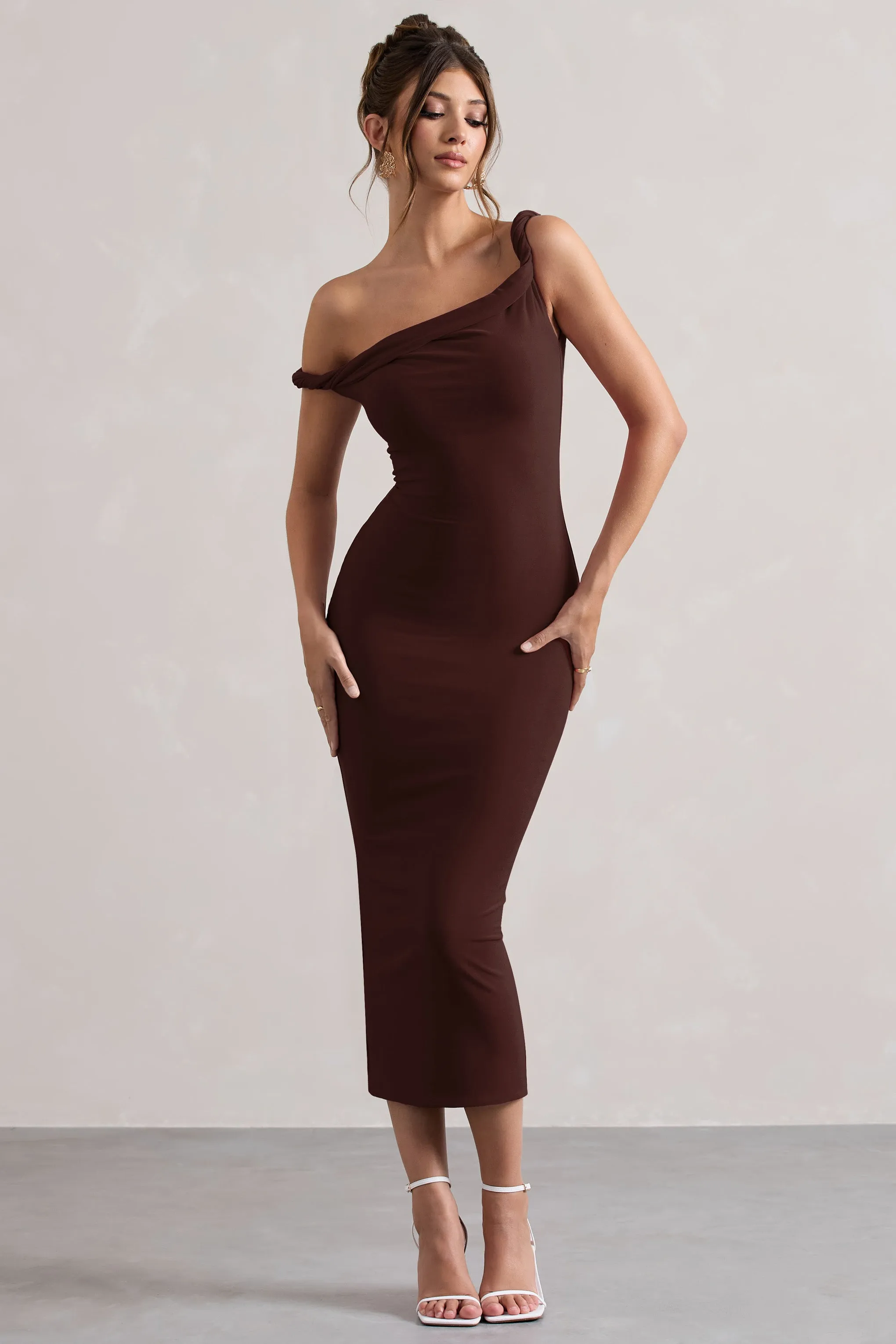 Salome | Chocolate Brown Twisted Asymmetric Midi Dress Club L London