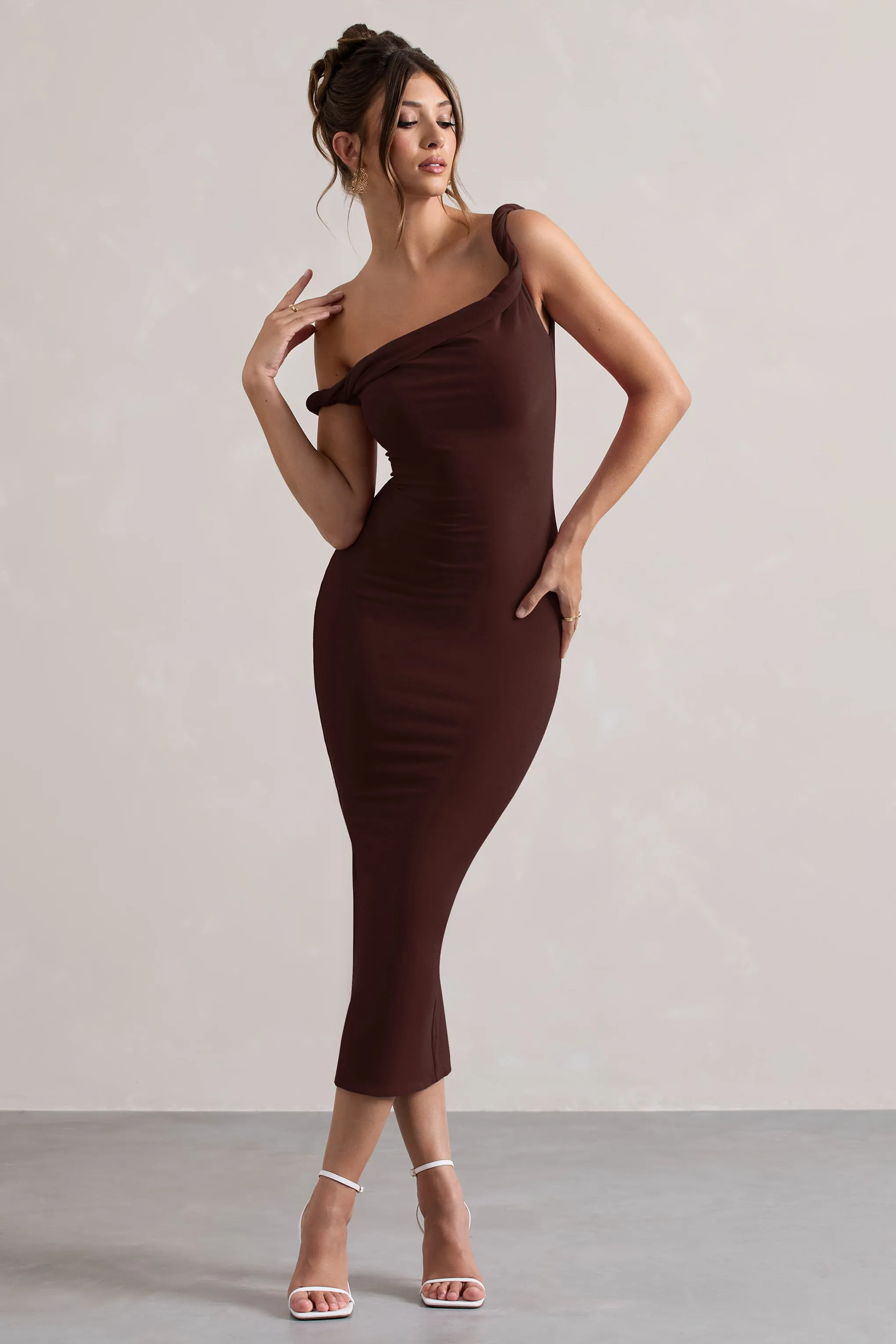 Salome | Chocolate Brown Twisted Asymmetric Midi Dress Club L London