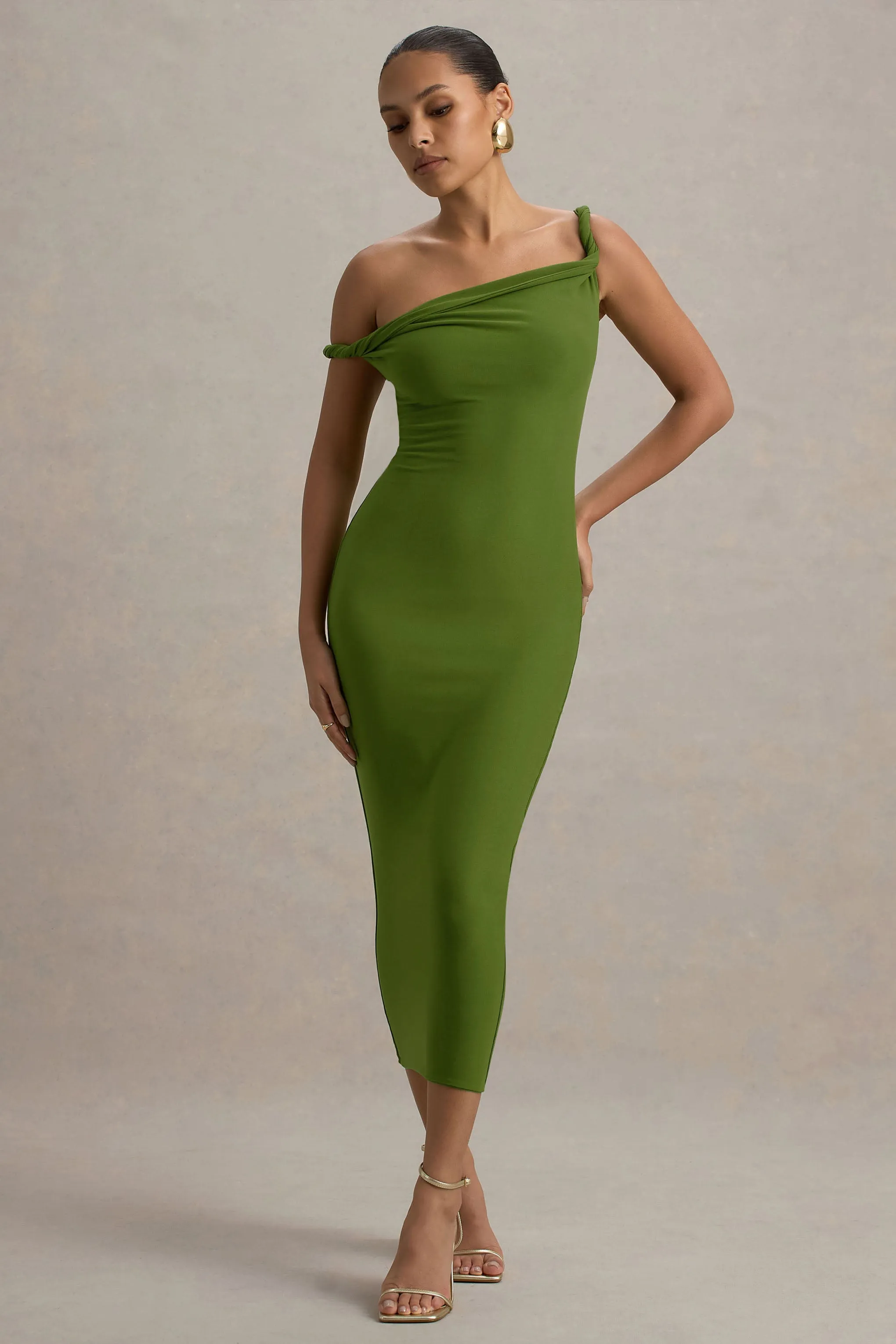 Salome | Green Twisted Asymmetric Midi Dress Club L London