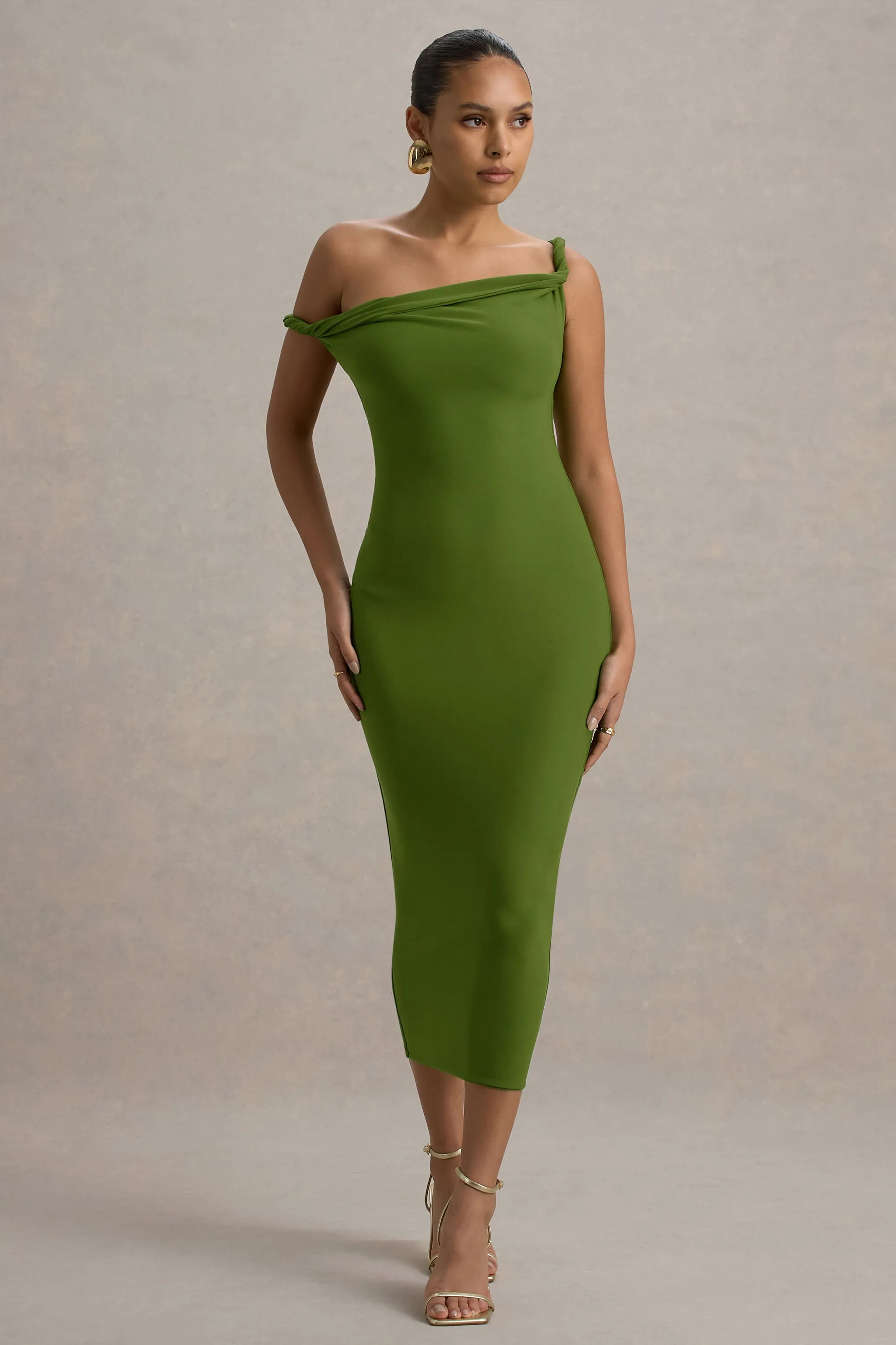Salome | Green Twisted Asymmetric Midi Dress Club L London