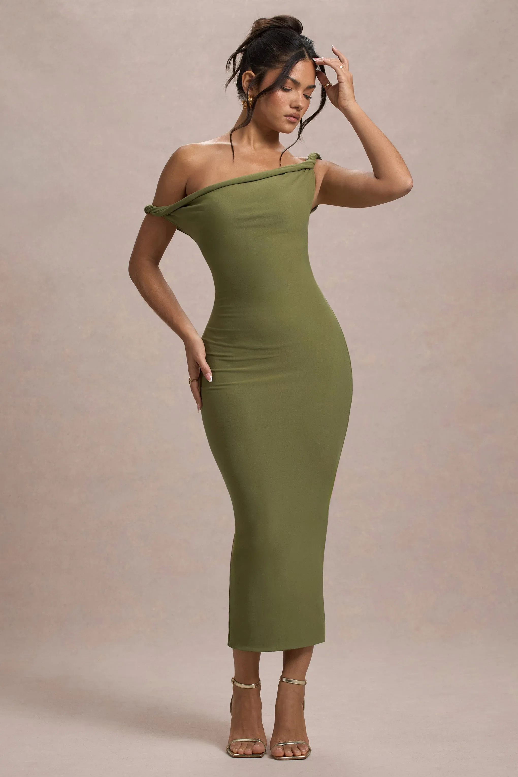 Salome | Olive Twisted Asymmetric Midi Dress Club L London