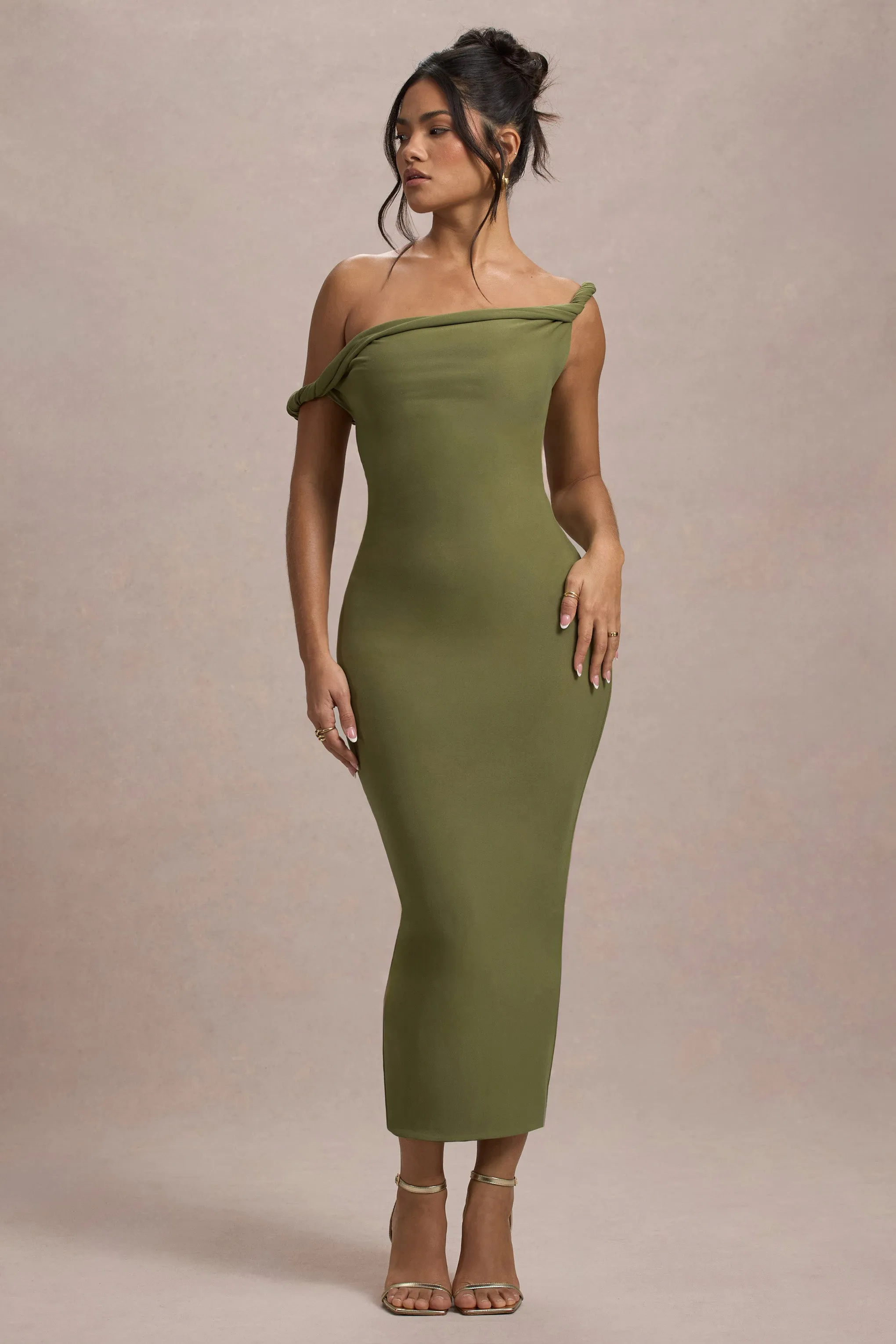 Salome | Olive Twisted Asymmetric Midi Dress Club L London