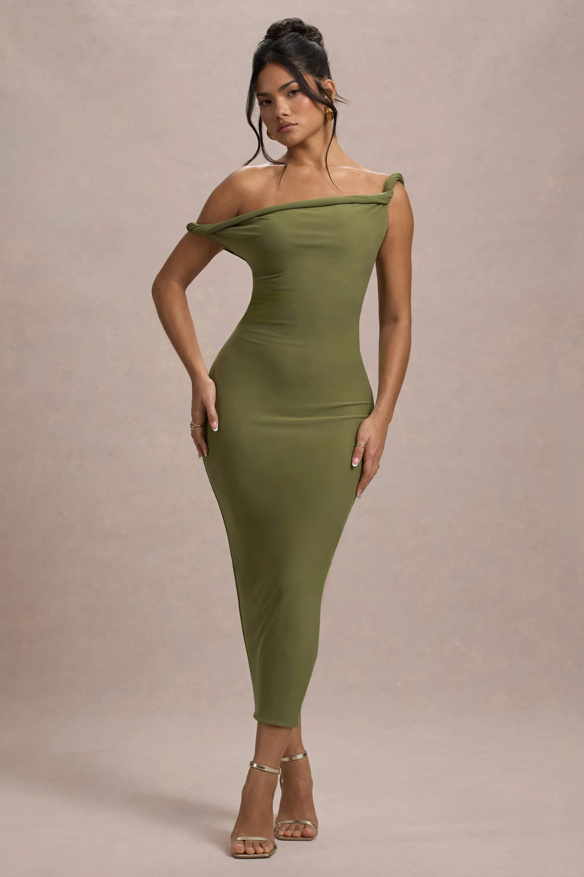 Salome | Olive Twisted Asymmetric Midi Dress Club L London