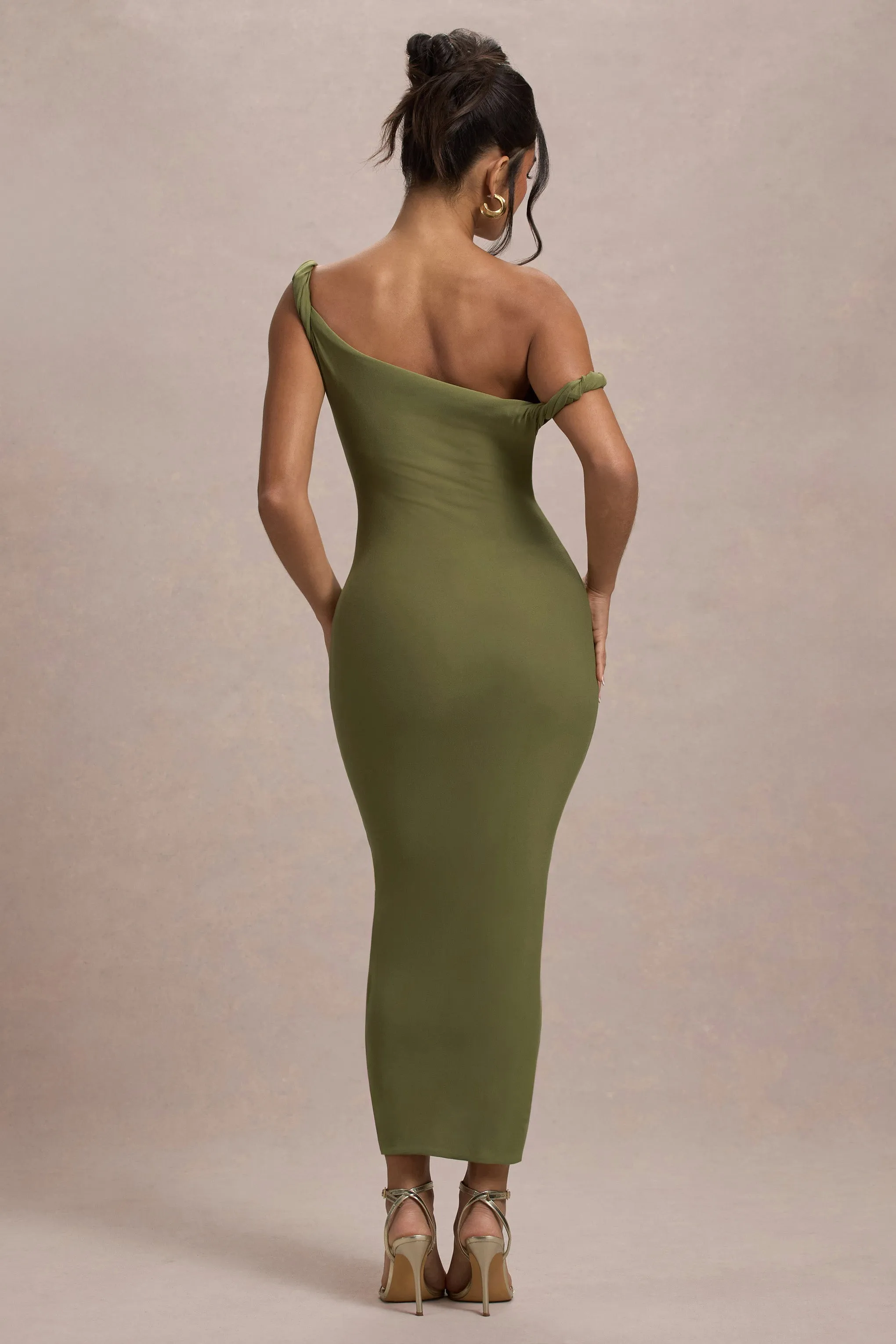 Salome | Olive Twisted Asymmetric Midi Dress Club L London