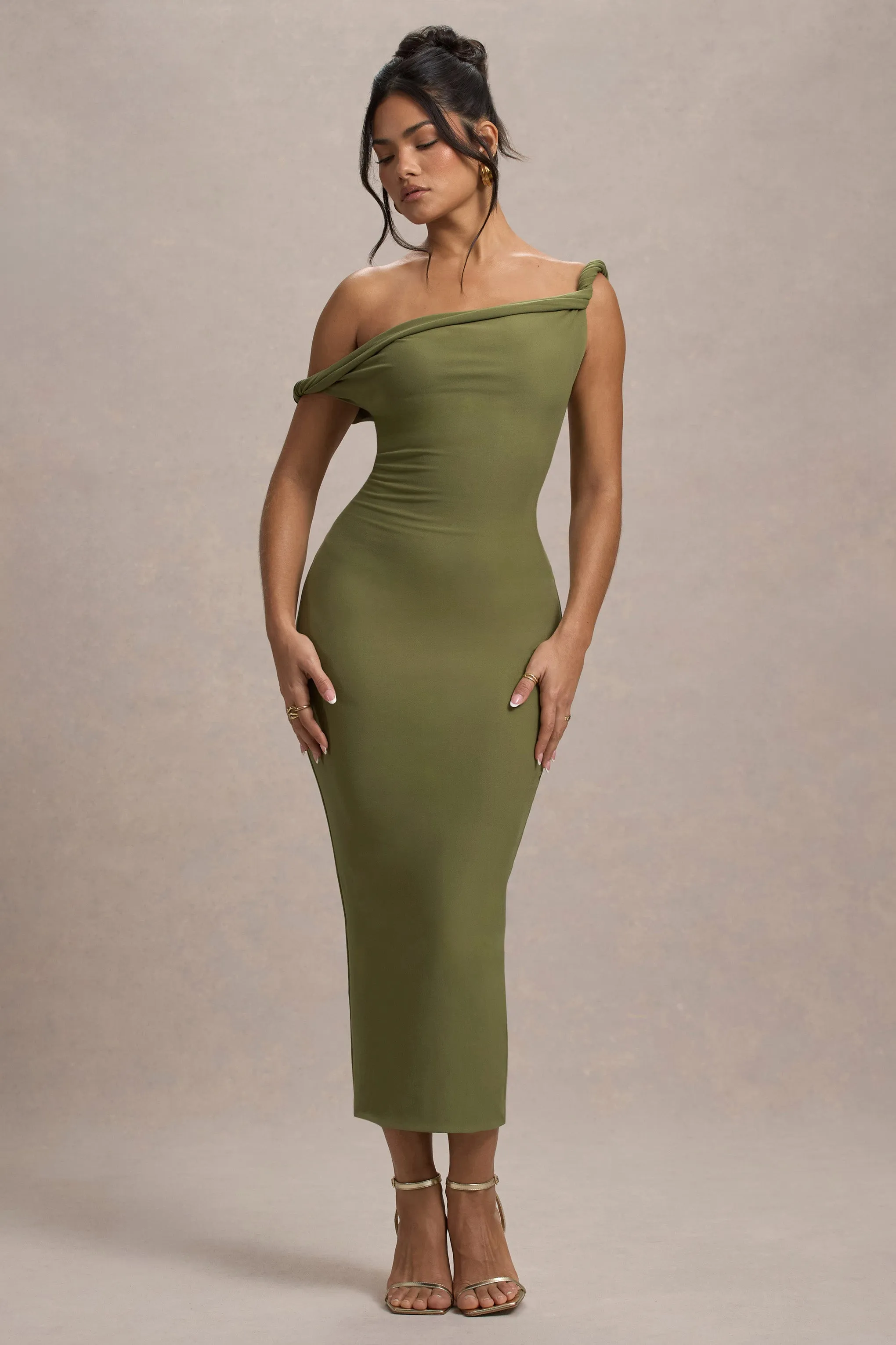 Salome | Olive Twisted Asymmetric Midi Dress Club L London