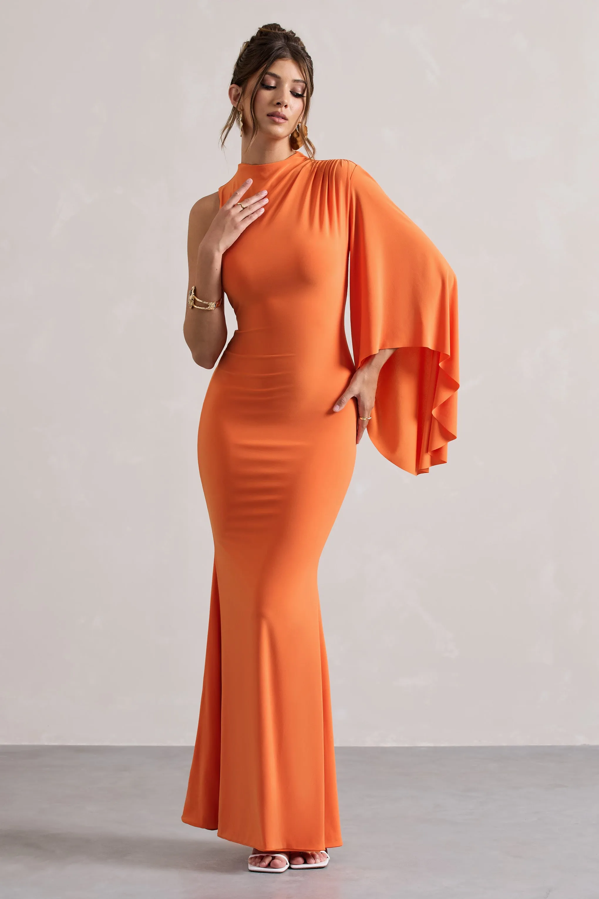 Samaya | Orange High-Neck Cape-Sleeve Maxi Dress Club L London