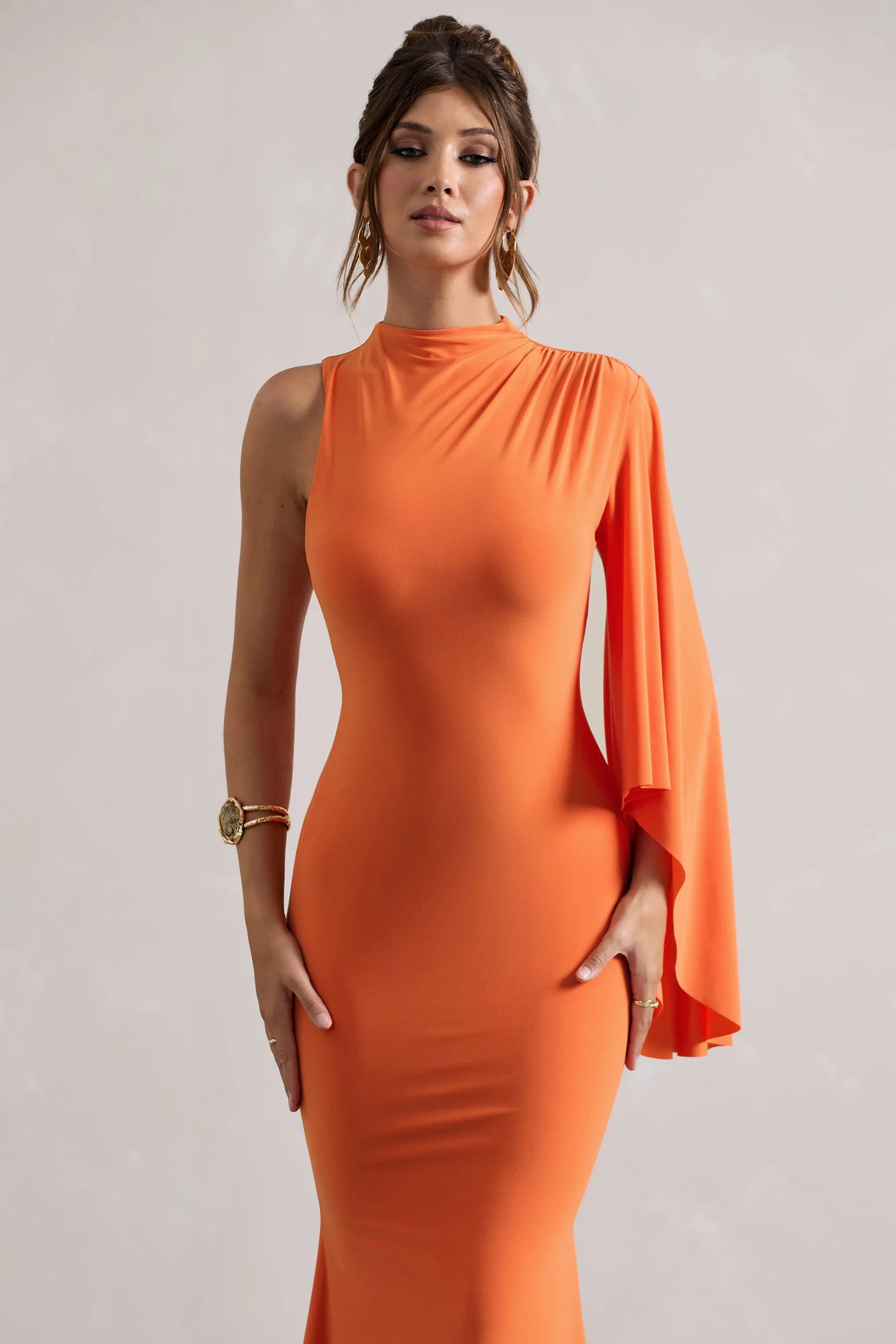 Samaya | Orange High-Neck Cape-Sleeve Maxi Dress Club L London