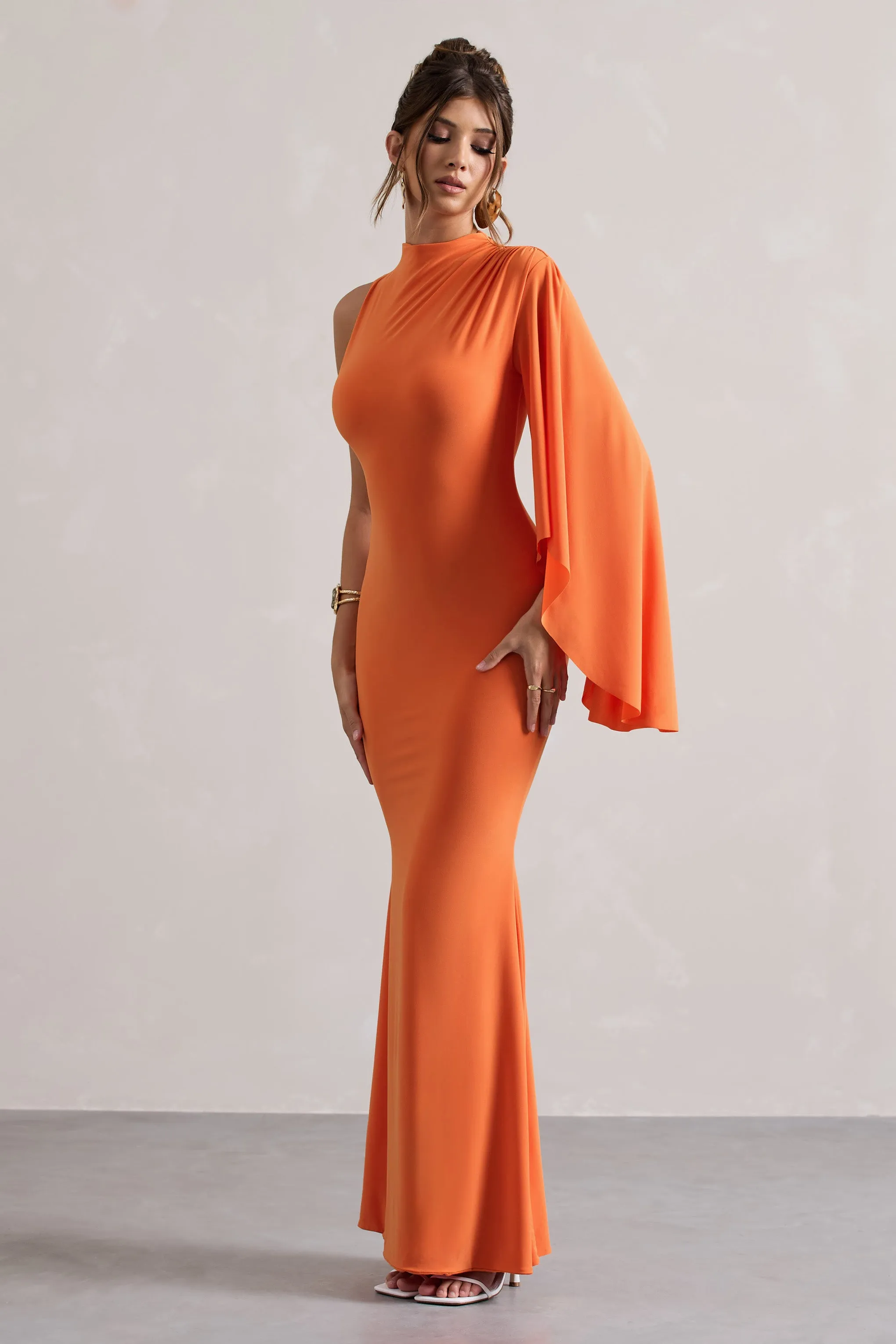 Samaya | Orange High-Neck Cape-Sleeve Maxi Dress Club L London