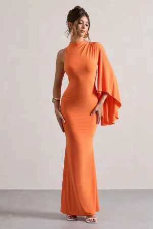 Samaya | Orange High-Neck Cape-Sleeve Maxi Dress Club L London