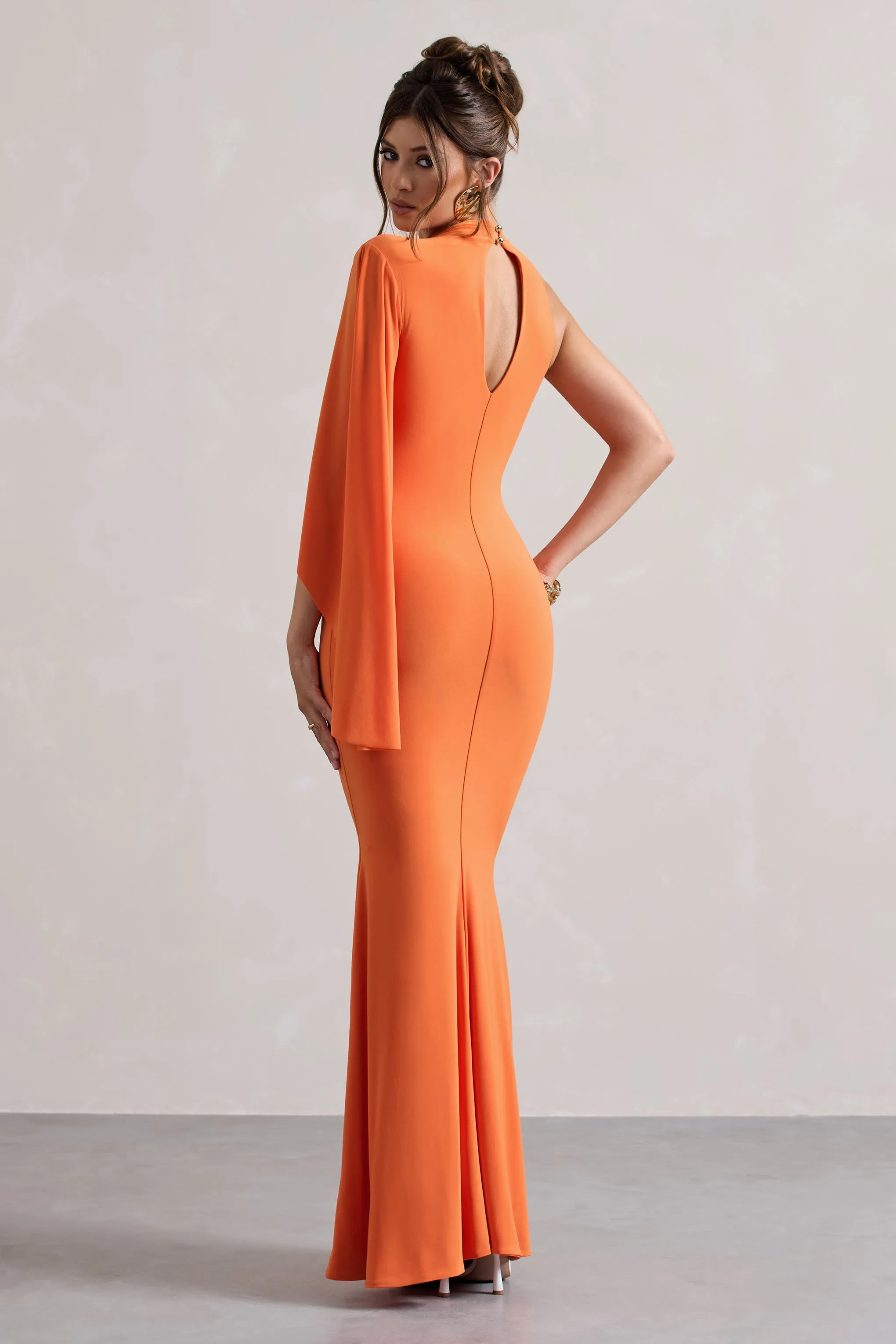 Samaya | Orange High-Neck Cape-Sleeve Maxi Dress Club L London