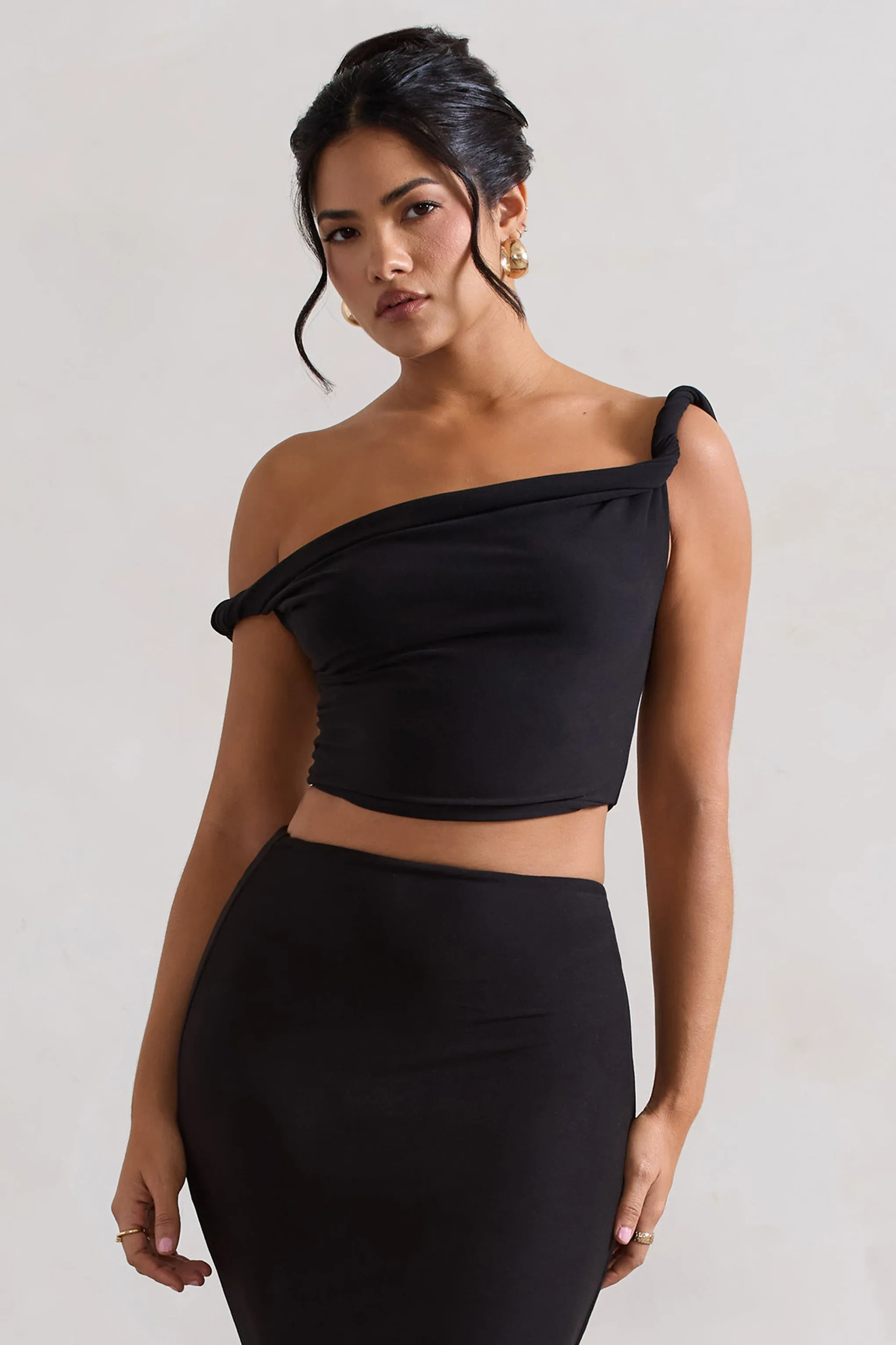 Sami | Black Twisted Asymmetric Crop Top Club L London